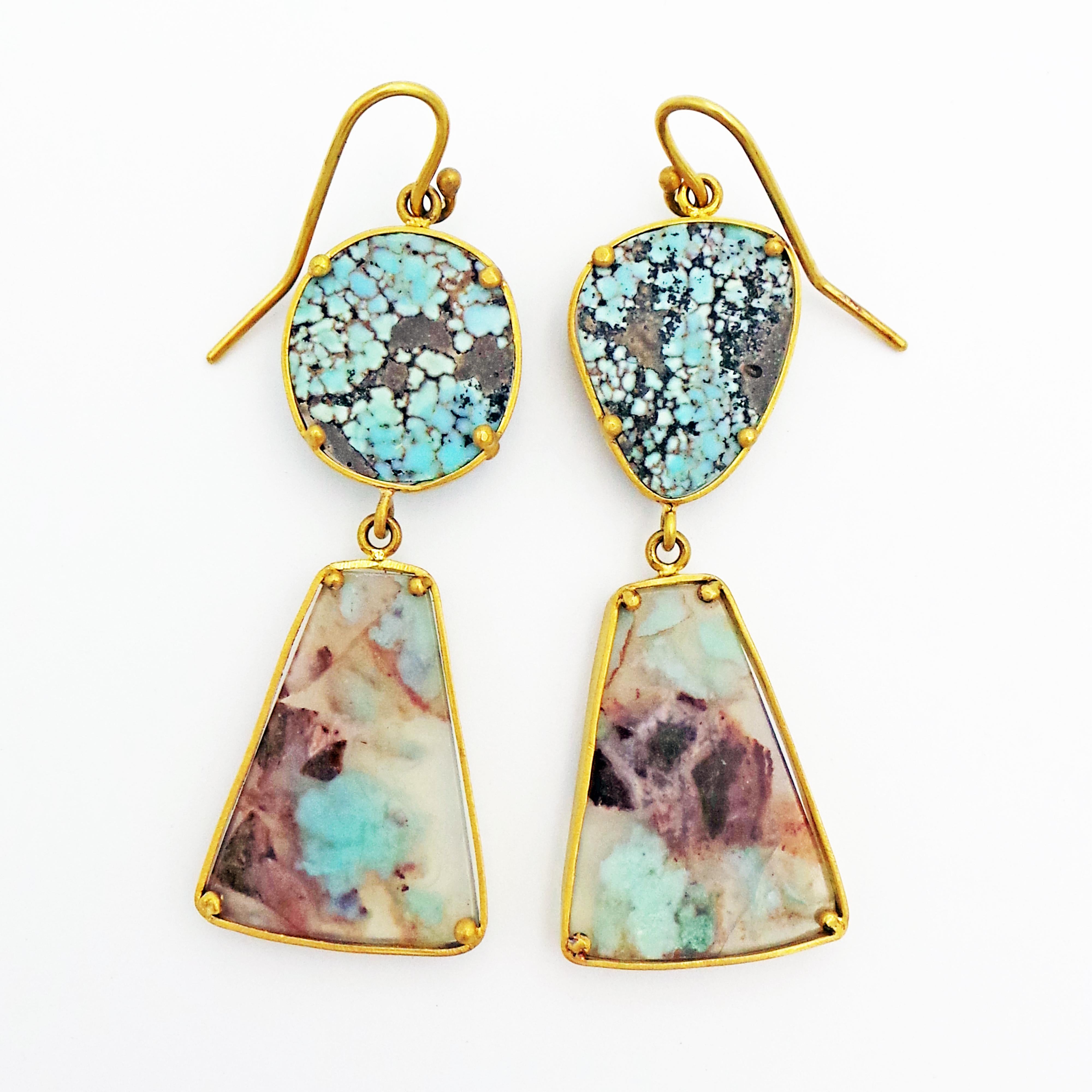 Stunning, hand-forged 22k yellow gold dangle earrings featuring exquisite Aquaprase and Dry Creek Turquoise gemstones. Dangle earrings are 2.75 inches in length. Aquaprase is one of the most recently discovered gemstones, being unearthed in 2014 by