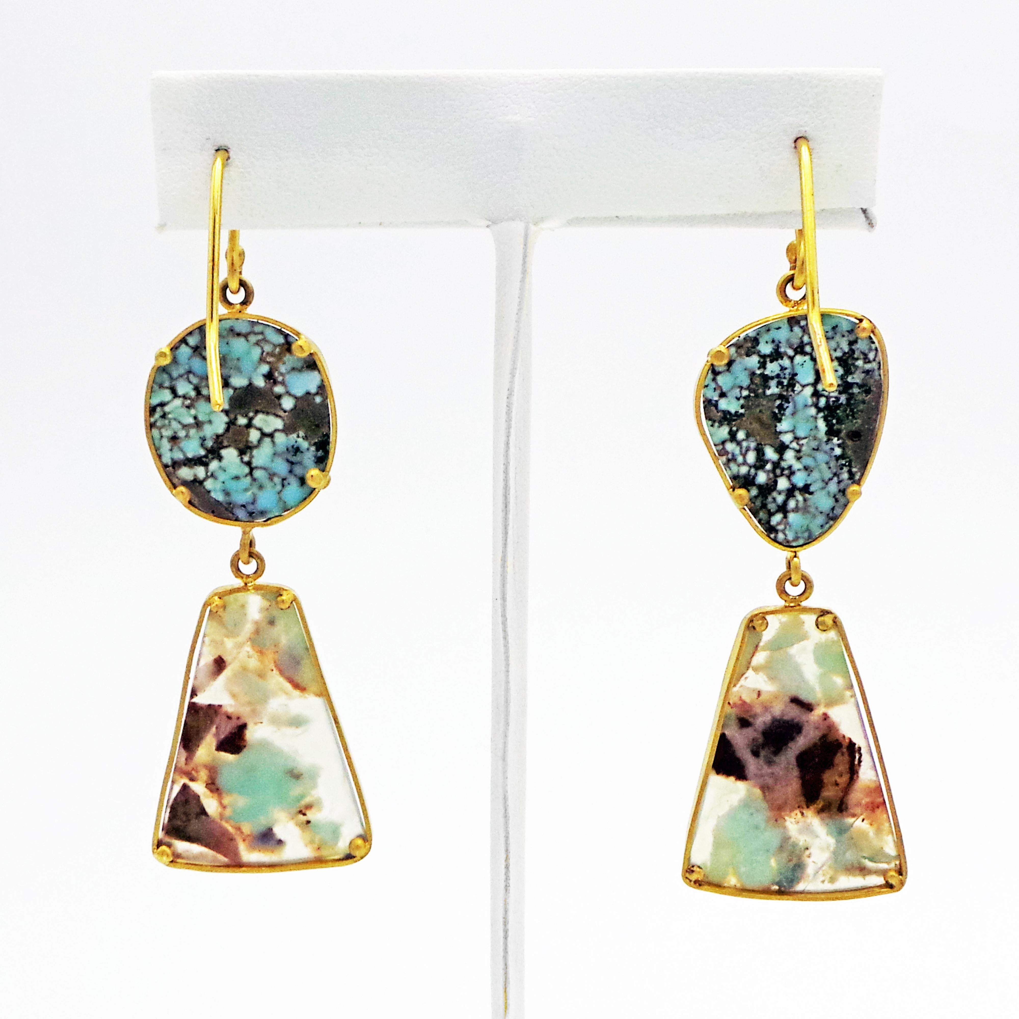 Contemporary Aquaprase and Dry Creek Turquoise 22 Karat Gold Dangle Earrings For Sale