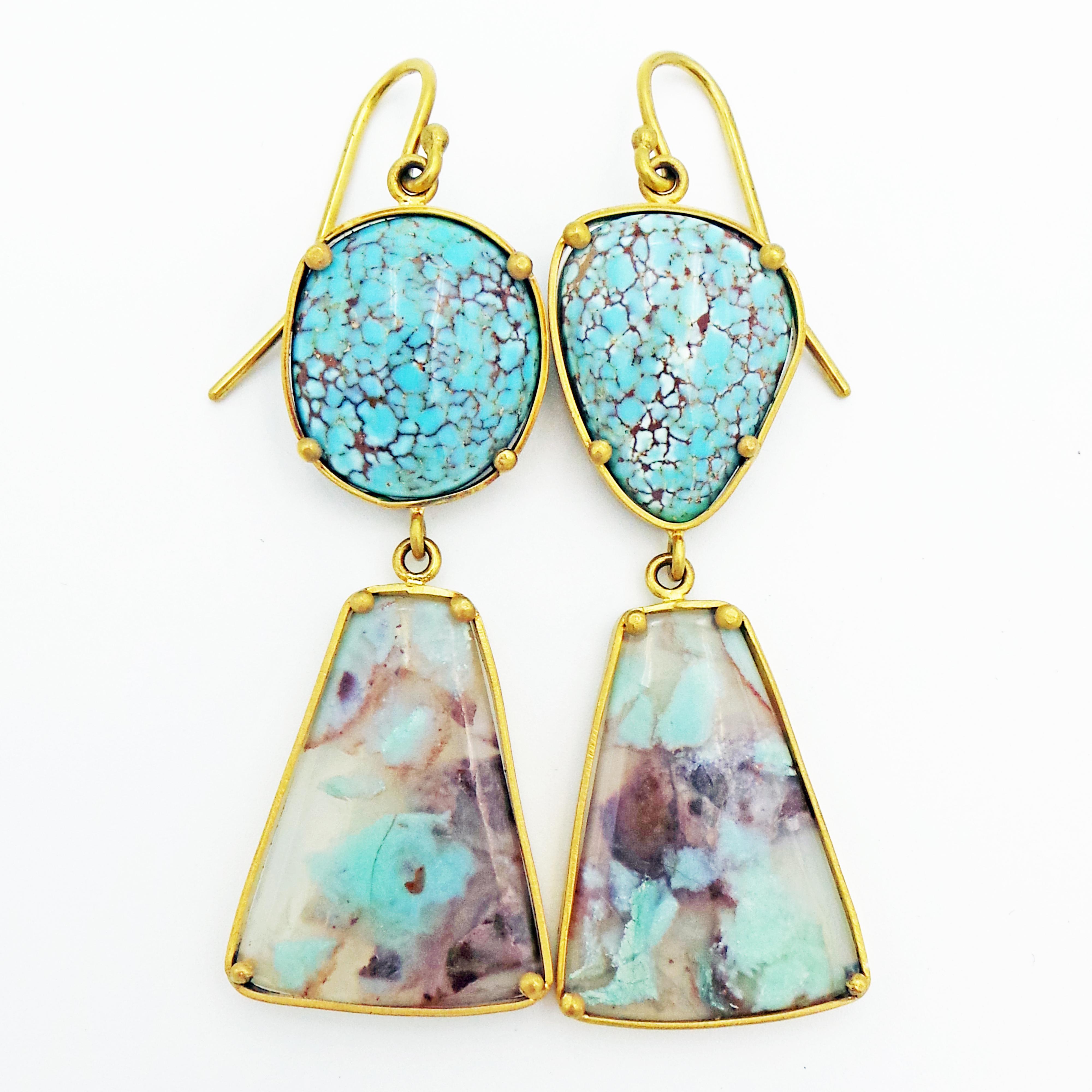 Cabochon Aquaprase and Dry Creek Turquoise 22 Karat Gold Dangle Earrings For Sale