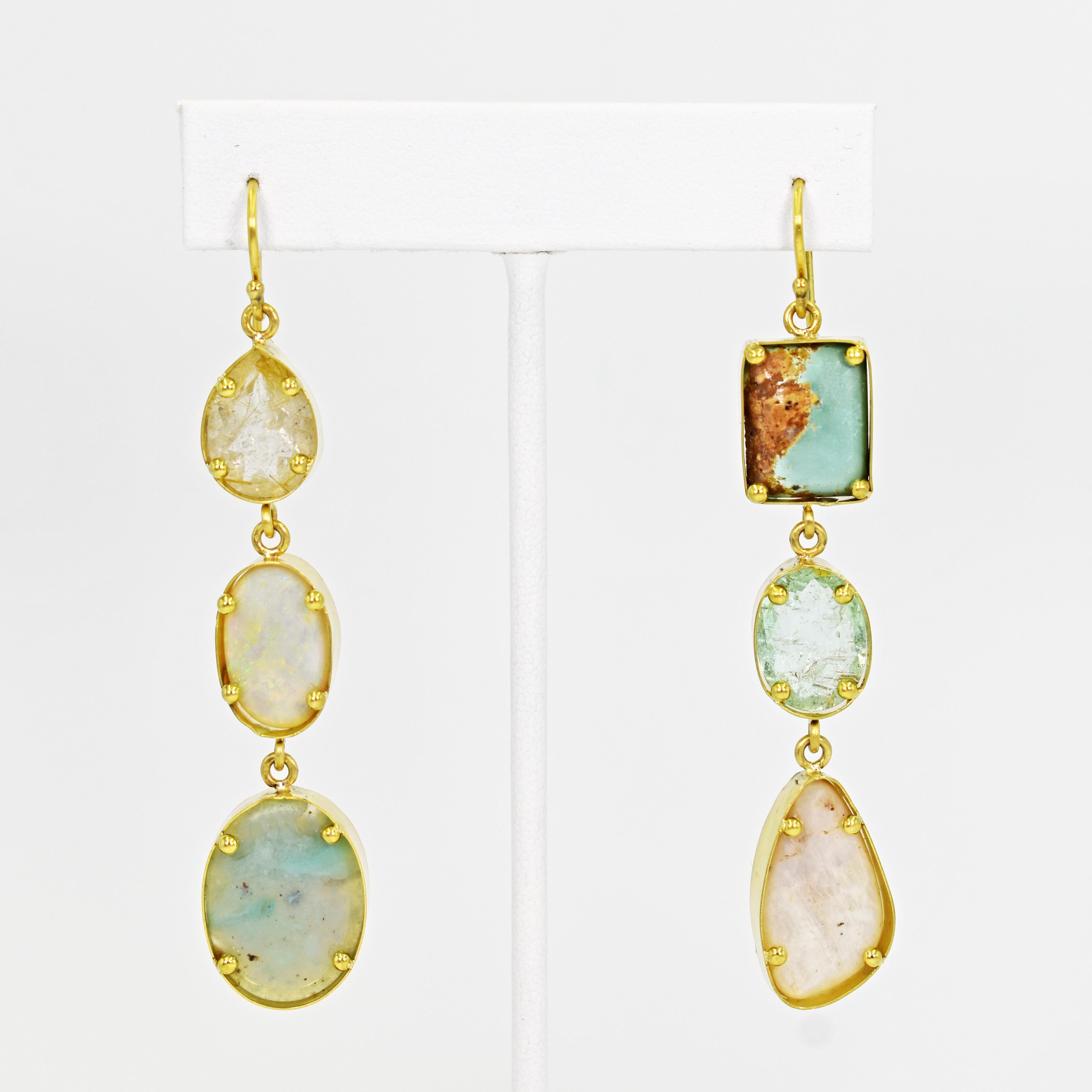One-of-a-kind, handmade multi-gemstone 22k yellow gold asymmetrical dangle earrings featuring Rutilated Quartz, White Opal, Aquaprase, Turquoise, Aquamarine and Russian Moonstone. Dangle earrings are 3.07 inches in total length. Unique mix of