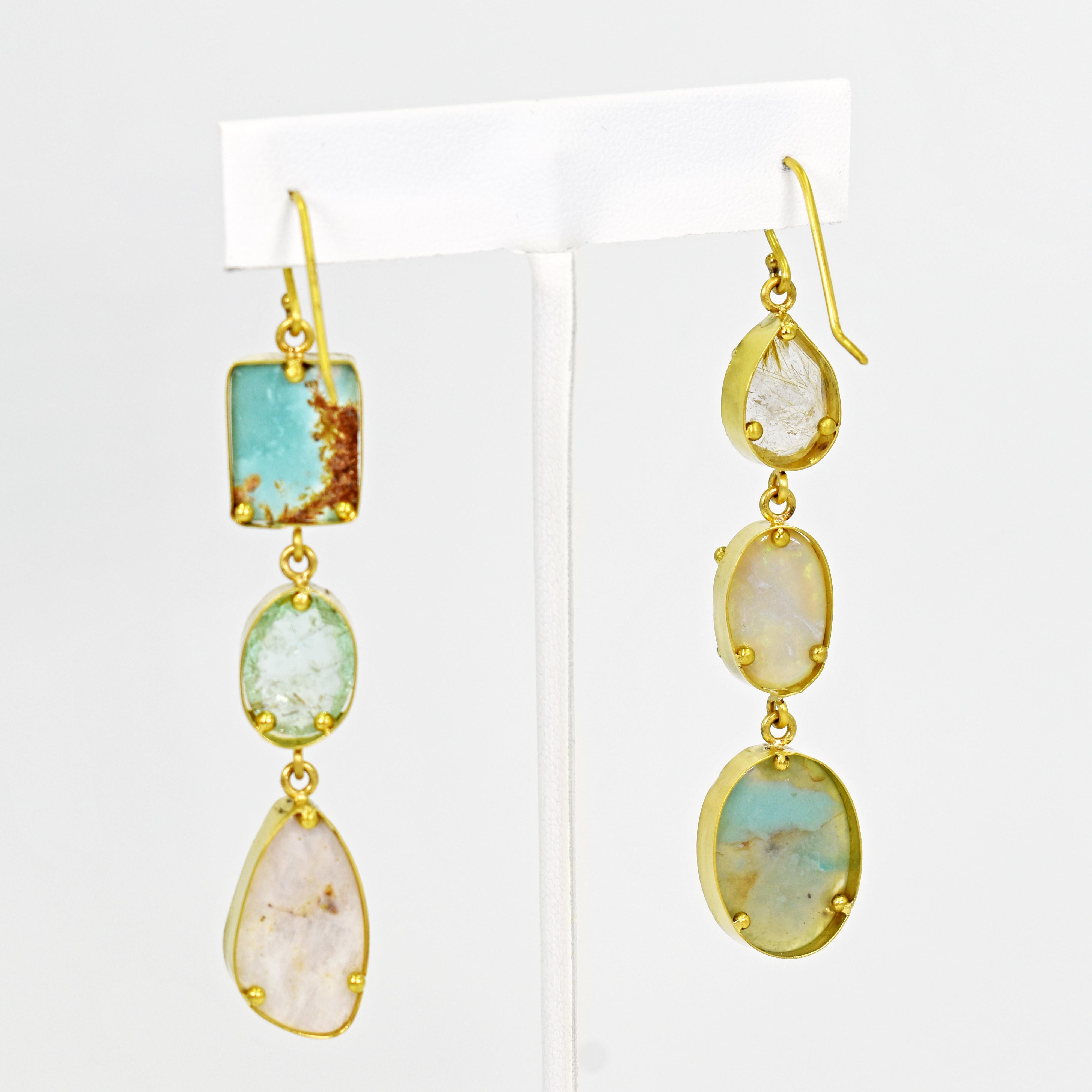 Contemporary Aquaprase, Opal and Turquoise Multi-Gemstone 22k Asymmetrical Dangle Earrings For Sale