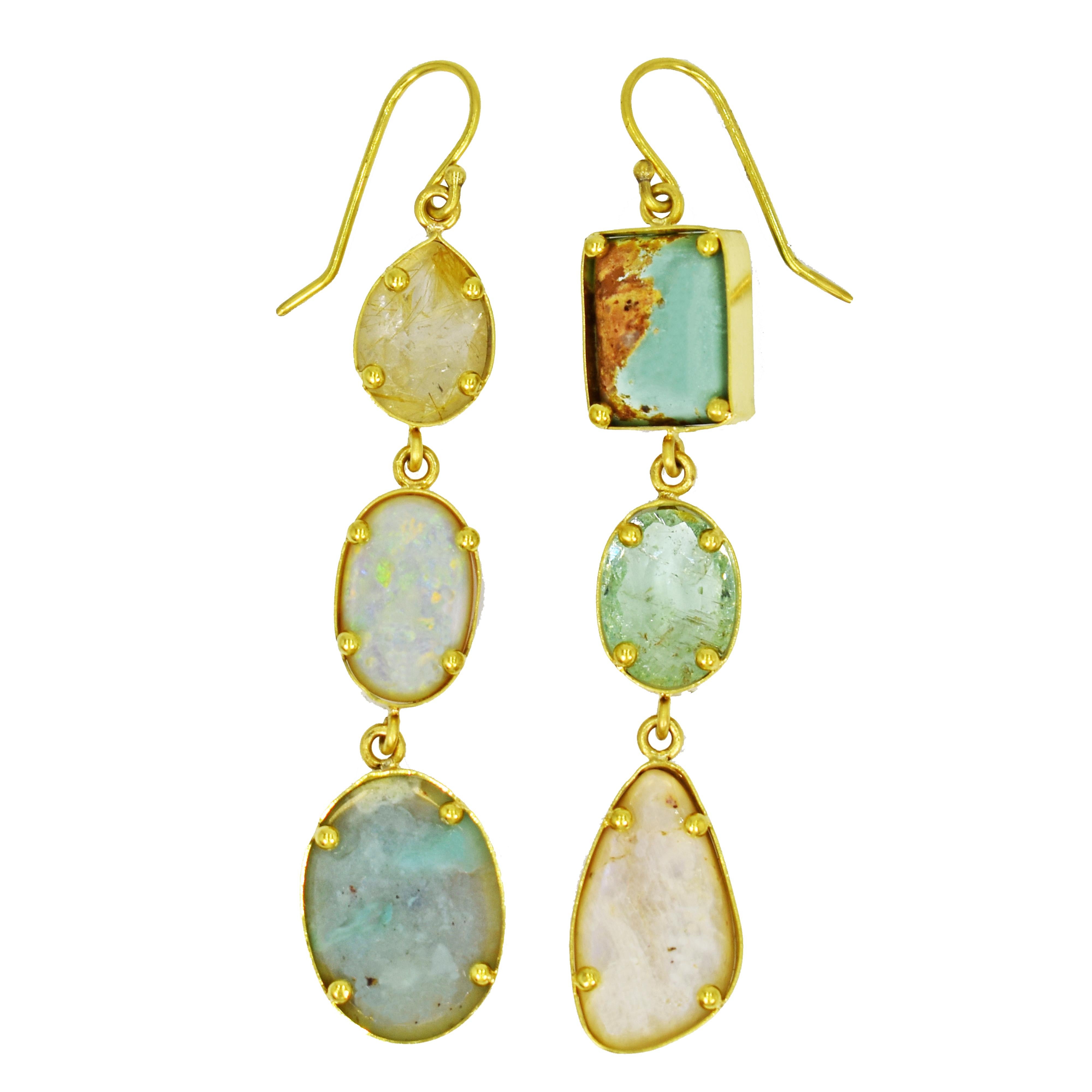 Cabochon Aquaprase, Opal and Turquoise Multi-Gemstone 22k Asymmetrical Dangle Earrings For Sale