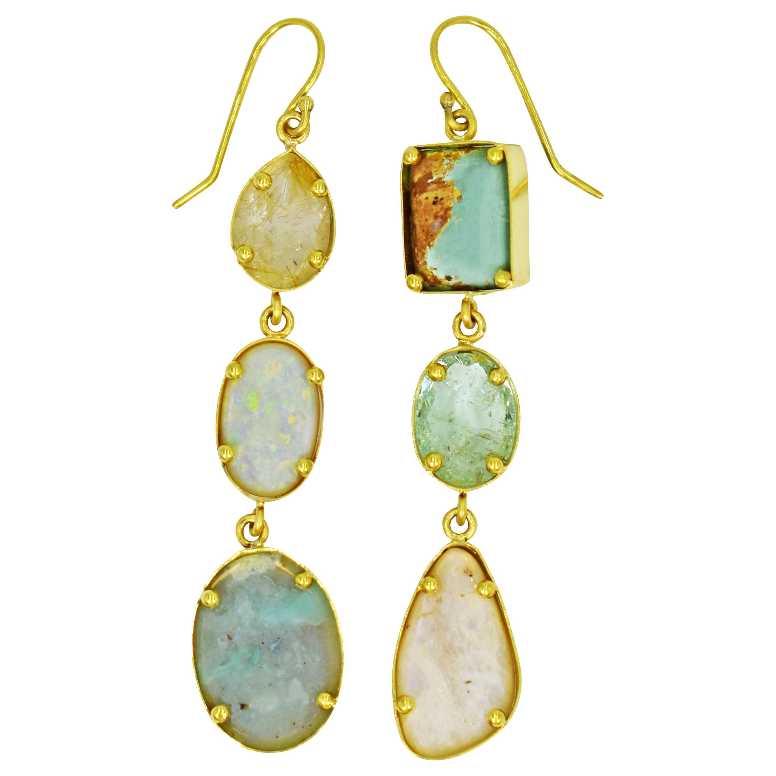 Aquaprase, Opal and Turquoise Multi-Gemstone 22k Asymmetrical Dangle Earrings For Sale
