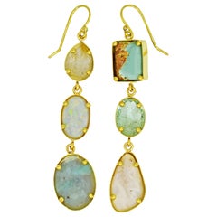 Aquaprase, Opal and Turquoise Multi-Gemstone 22k Asymmetrical Dangle Earrings