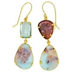 Aquaprase, Watermelon Tourmaline and Aquamarine 22 Karat Gold Dangle Earrings