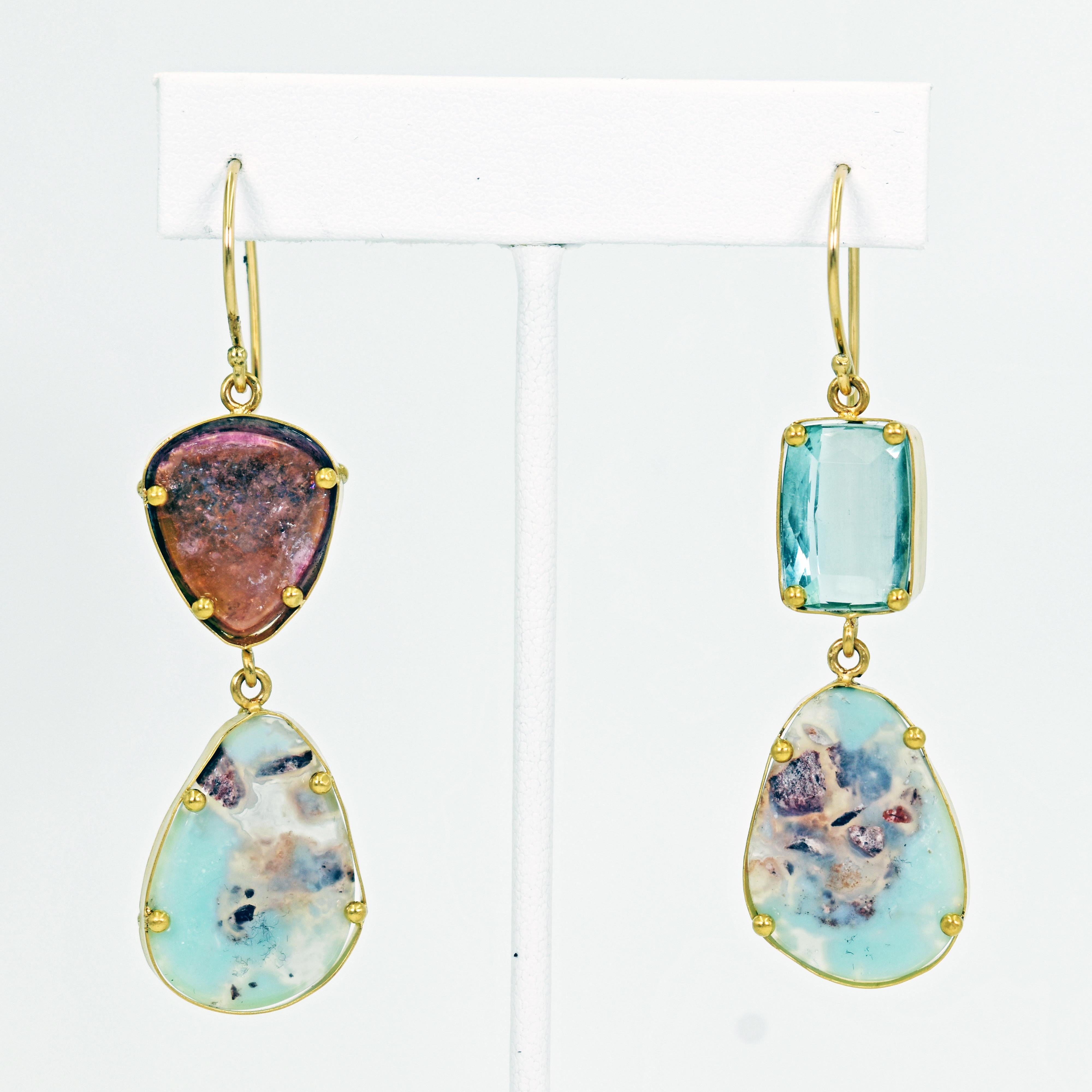 One-of-a-kind, multi-gemstone 22k yellow gold asymmetrical dangle earrings featuring Aquaprase, Russian Watermelon Tourmaline and Aquamarine gemstones. Earrings are 2.75 inches in total length. Unique, artisan earrings with a gorgeous mix of