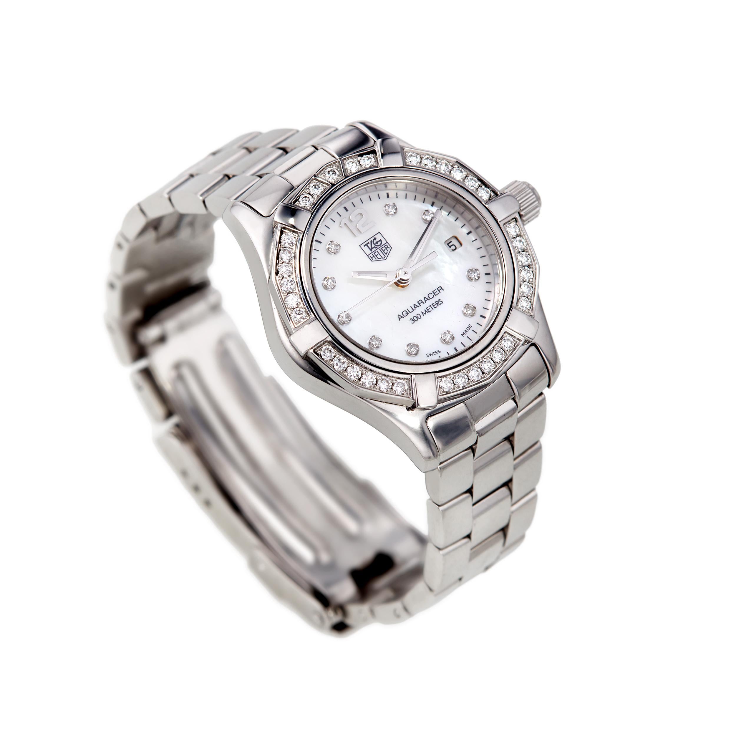 Fully refurbished and like new condition.  Stainless steel case with a stainless steel bracelet. Uni-directional rotating stainless steel bezel set with 30 diamonds. White mother of pearl dial with luminous silver-tone hands and diamond hour