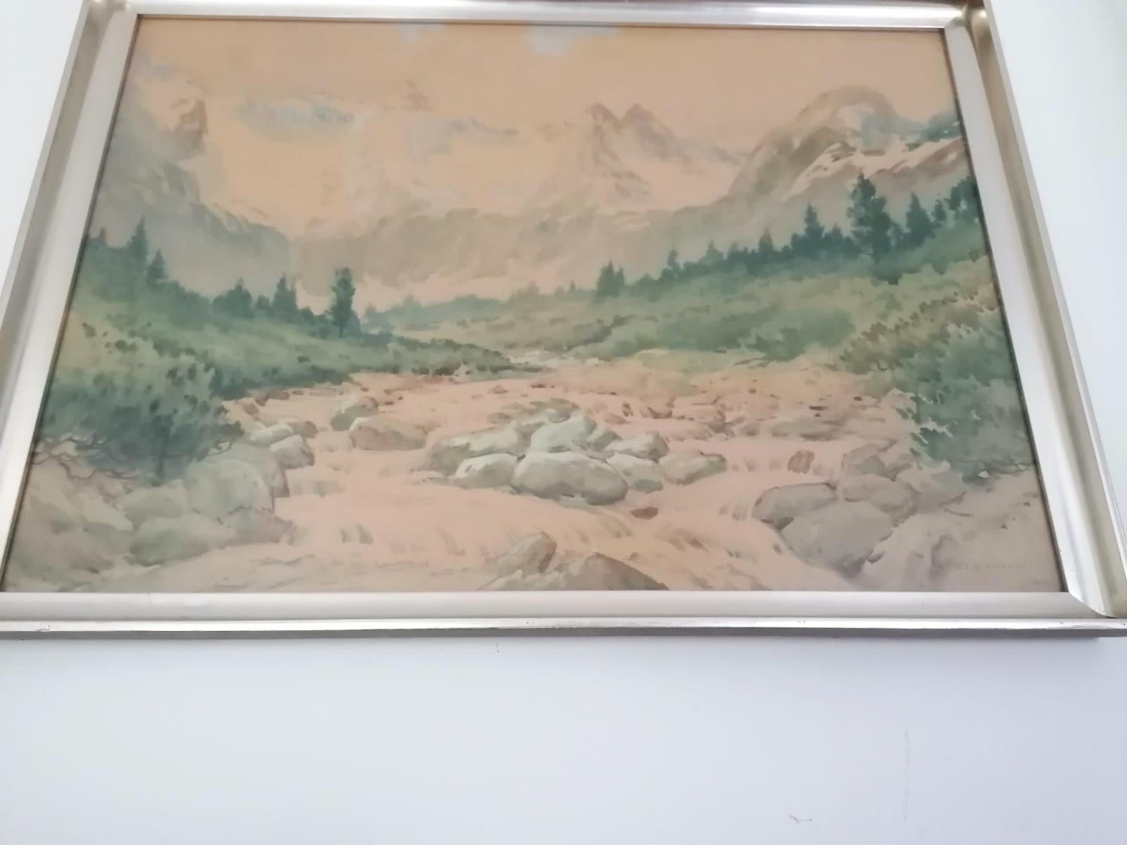 Stanislaw Dziemanski (1897-1962)
Tatra mountain landscape, painted in the early 1930s
watercolor/paper, measures: 69 x 48 cm
signed lower right: 'ST. DZIEMANSKI
Good original condition.