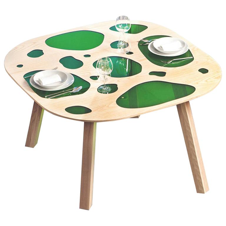 Aquário table in green glass and wood by the Campana brothers. Unique piece.