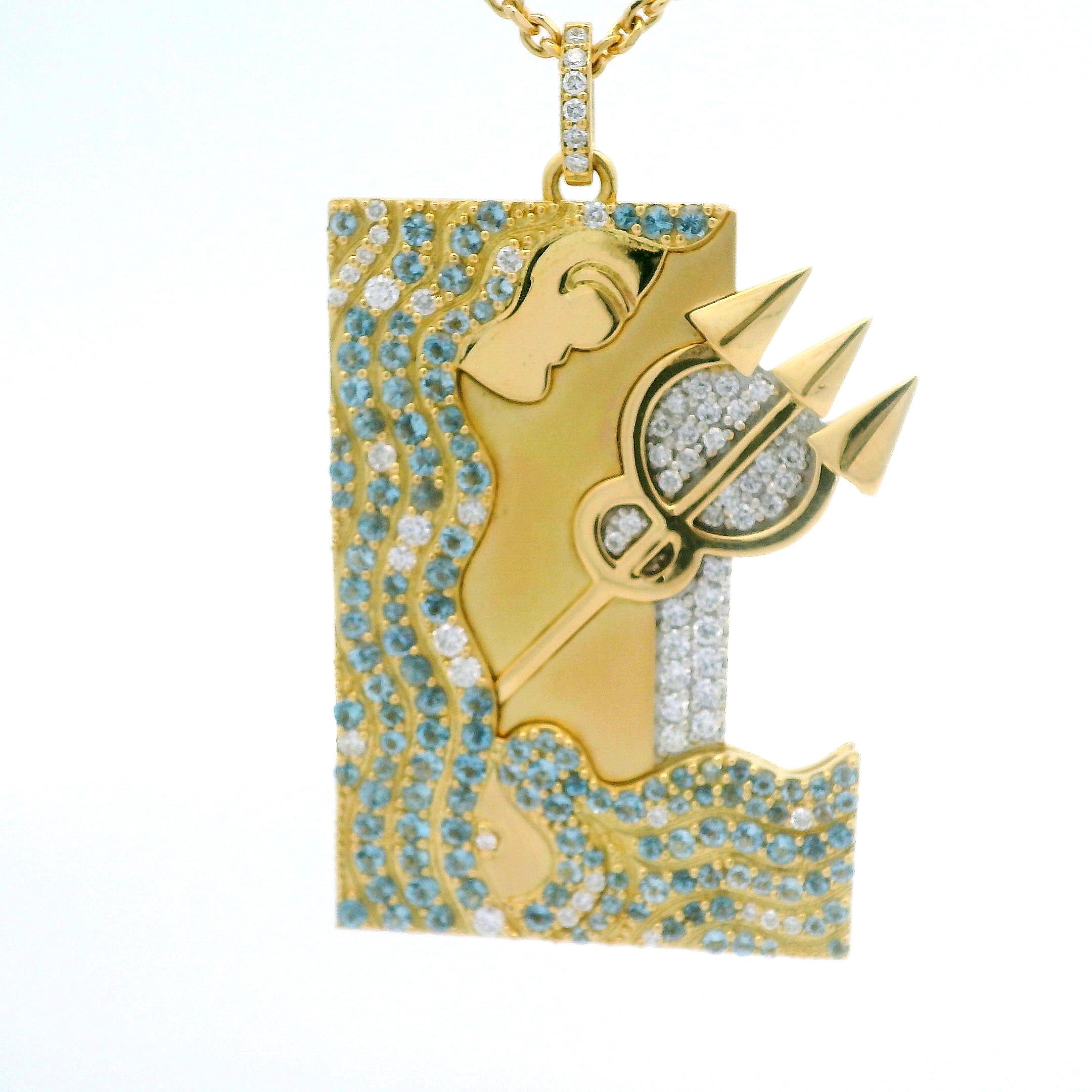 Taille brillant Pendentif Verseau Zodiac Or 18k 0.59 Ct Diamants 0.72 Ct Aigue-marine en vente