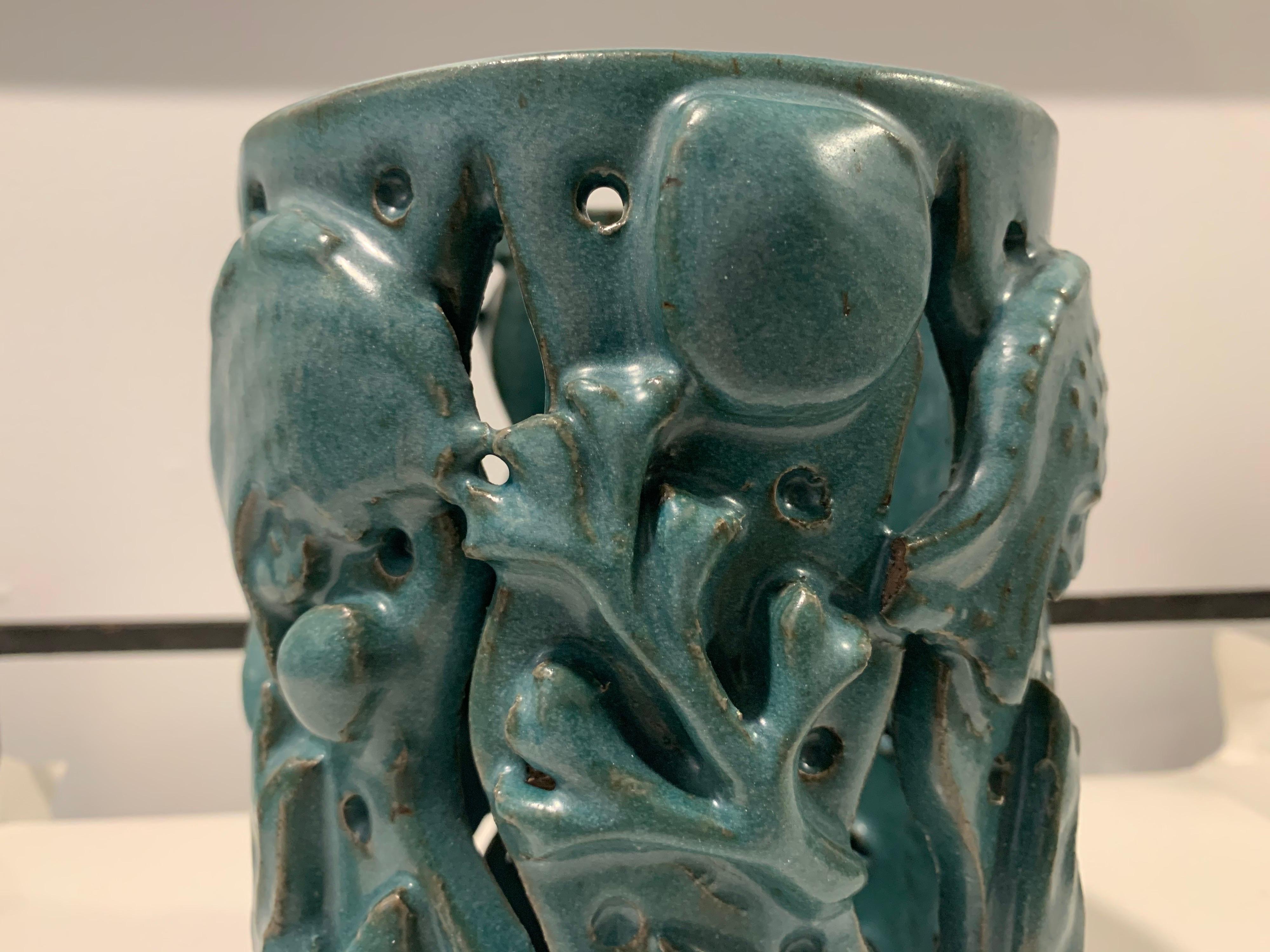 Aquarium Scene Glazed Pottery Orchid Vessel In Excellent Condition In East Hampton, NY