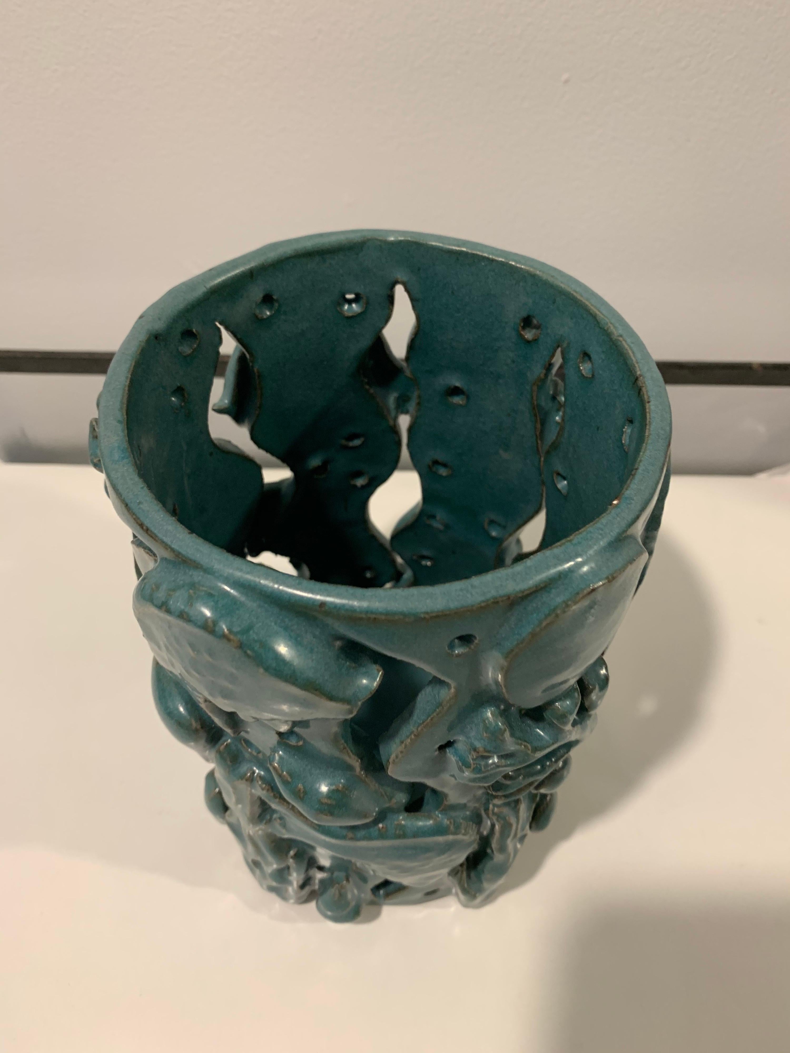 Contemporary Aquarium Scene Glazed Pottery Orchid Vessel