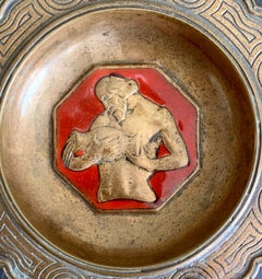 "Aquarius/January, " Rare, Art Deco Bronze & Red Enamel Pin Dish or Bowl by Bach