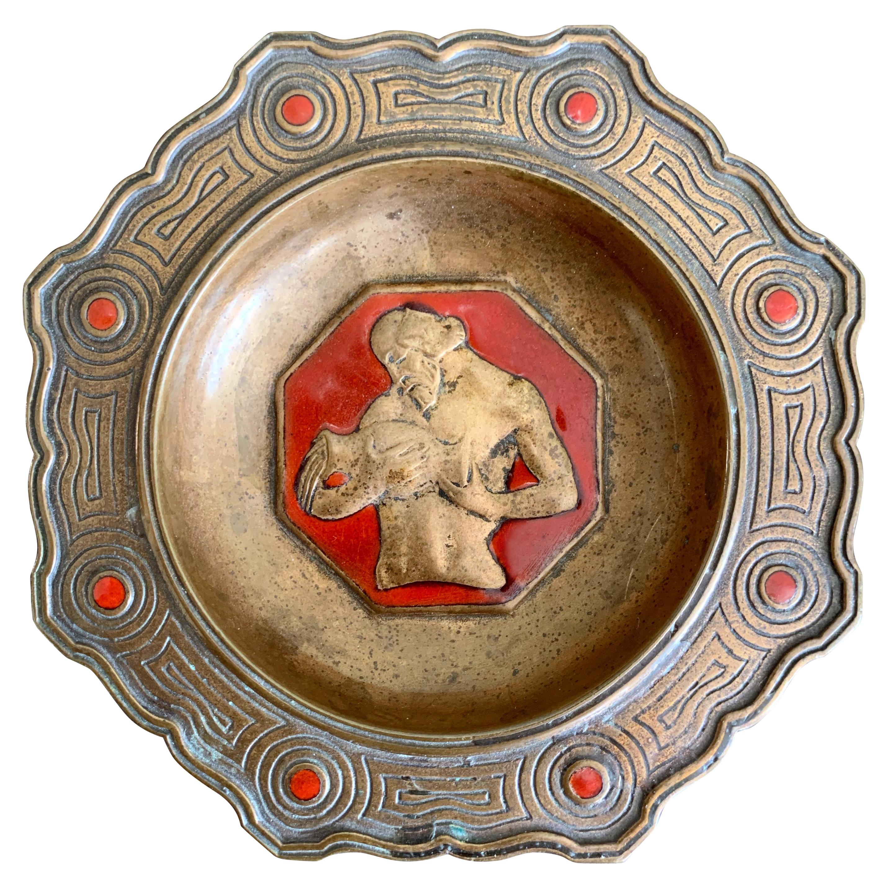 "Aquarius/January, " Rare, Art Deco Bronze & Red Enamel Pin Dish or Bowl by Bach