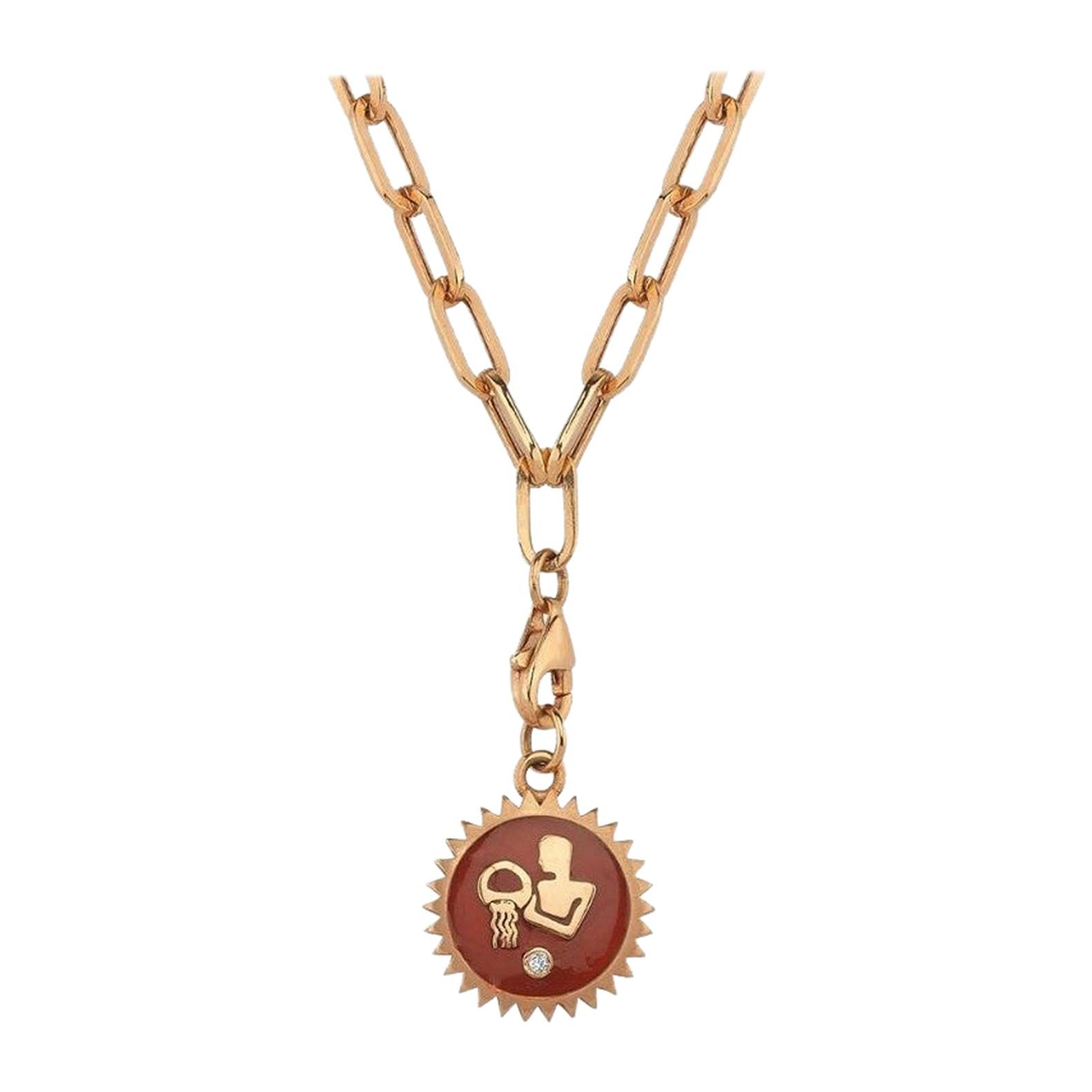 Aquarius Thick Chain Necklace with Coral Enamel & White Diamond