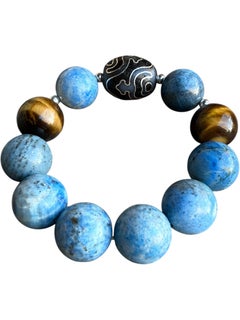 Aquarius Totem Tibetan Dzi Bead Bracelet with Blue Kyanite Tiger’s Eye Sterling