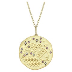 Aquarius Zodiac Charm Necklace, Lucky Stone Diamond and Amethyst 14K Yellow Gold
