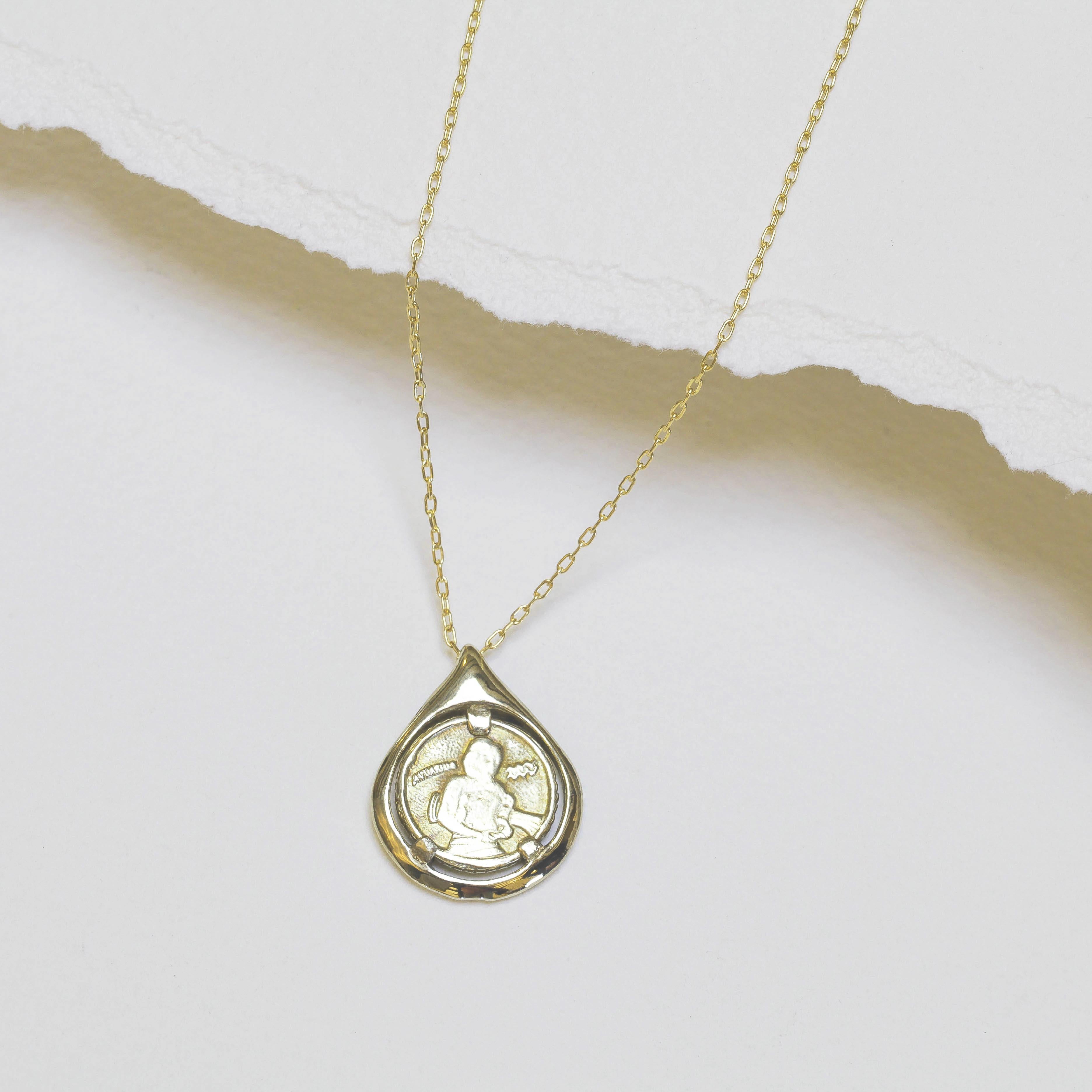 Artisan Aquarius Zodiac Coin Tear Necklace, 14k Yellow Gold, Amethyst Zodiac Birthstone For Sale