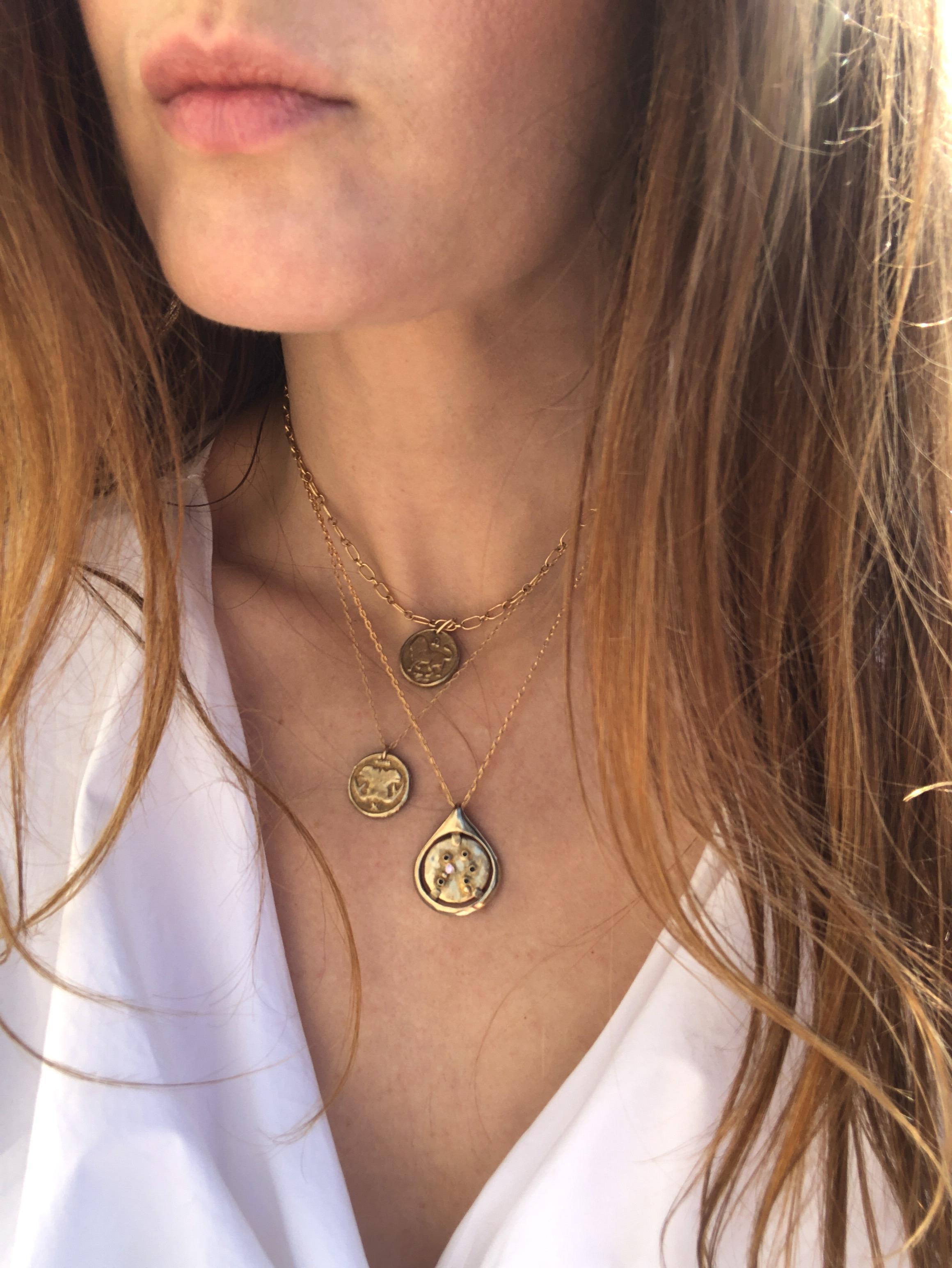Round Cut Aquarius Zodiac Coin Tear Necklace, 14k Yellow Gold, Amethyst Zodiac Birthstone For Sale