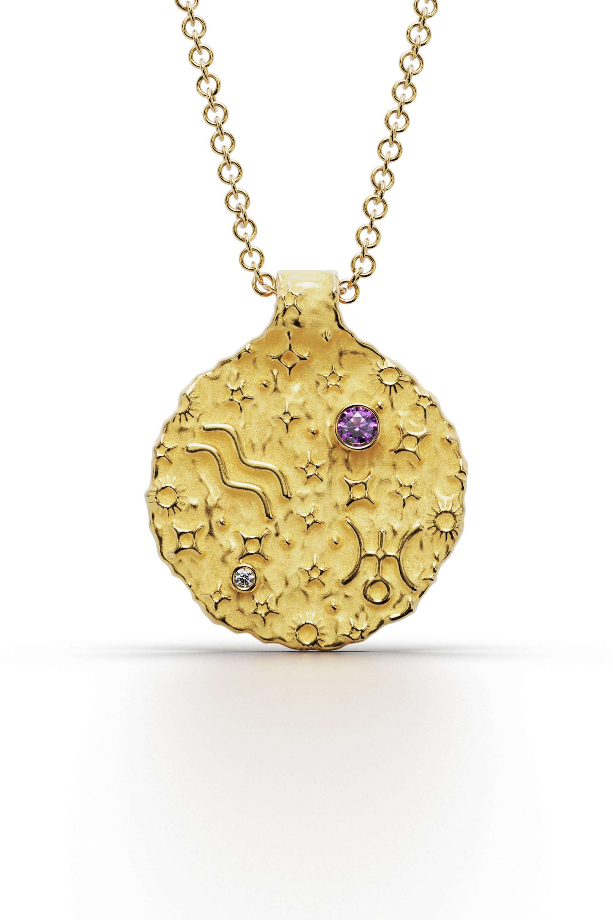 Women's Aquarius Zodiac Pendant – 14K Solid Gold  Astrology Necklace  Oltremare Gioielli For Sale