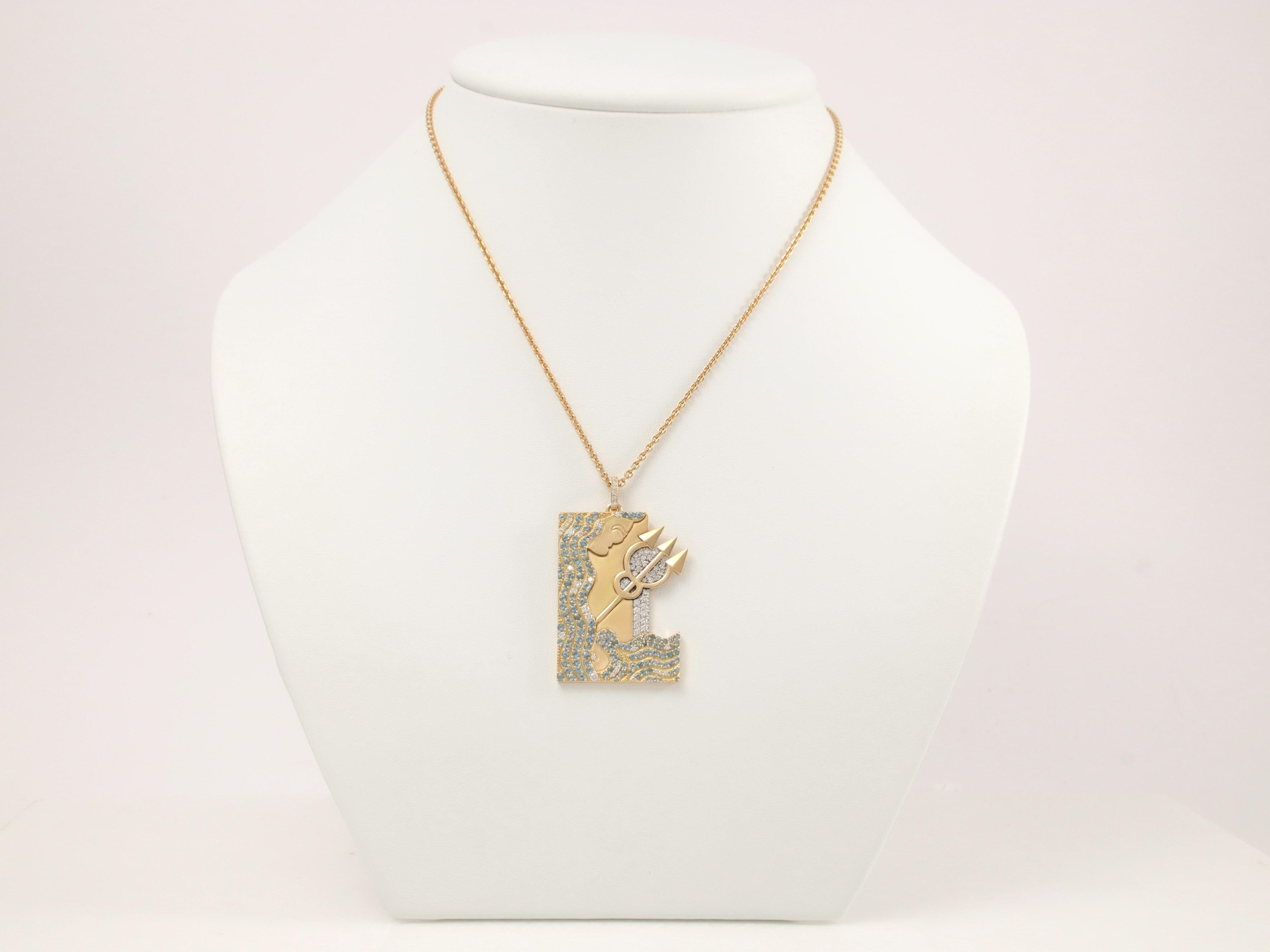 Pendentif Verseau Zodiac Or 18k 0.59 Ct Diamants 0.72 Ct Aigue-marine en vente 2
