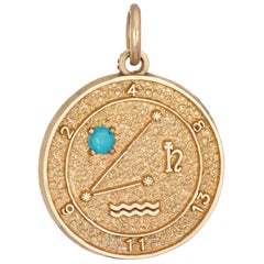 Vintage Aquarius Zodiac Sign Charm Turquoise 14 Karat Yellow Gold Astrology Pendant