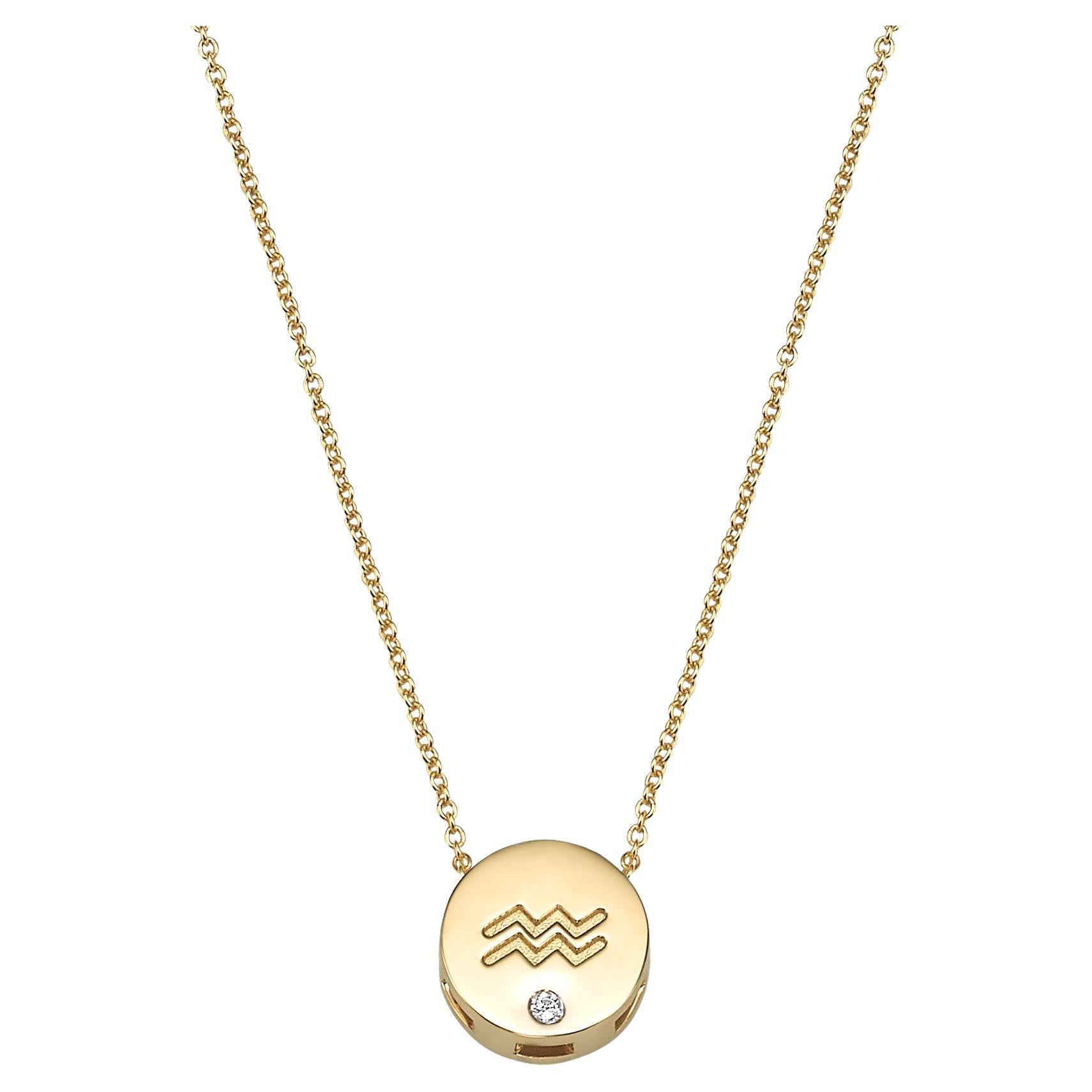 Aquarius Zodiac Sign Gold And Diamond Necklace For Sale