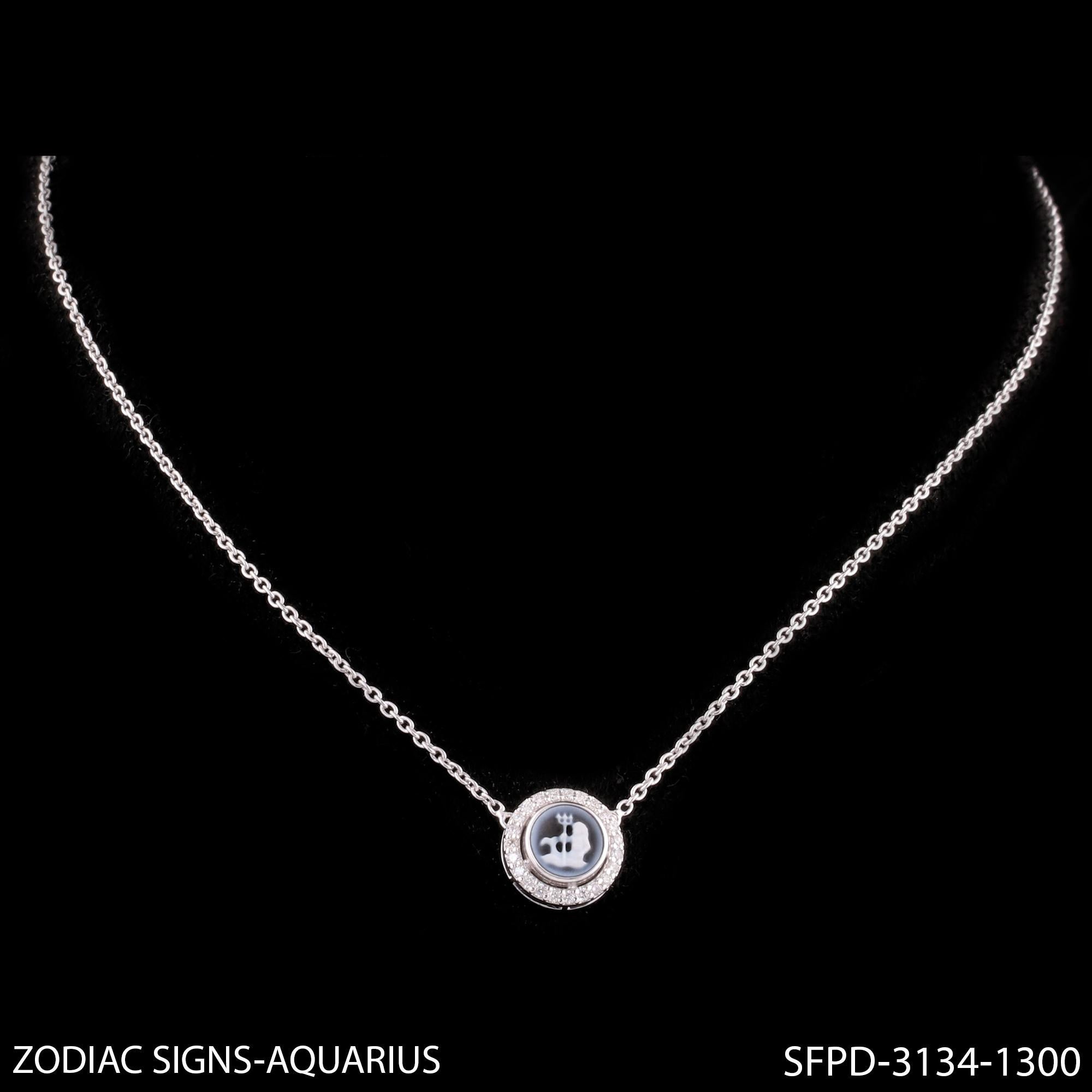 Modern Aquarius Zodiac Sign H/SI Pave Diamond Pendant 14k White Gold Necklace 1.03 Tcw For Sale