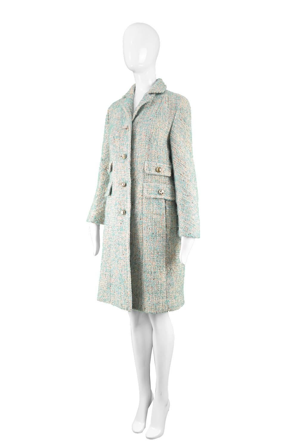 Green Aquascutum Vintage 1960s Cream & Turquoise Blue Wool Boucle Tweed Coat 