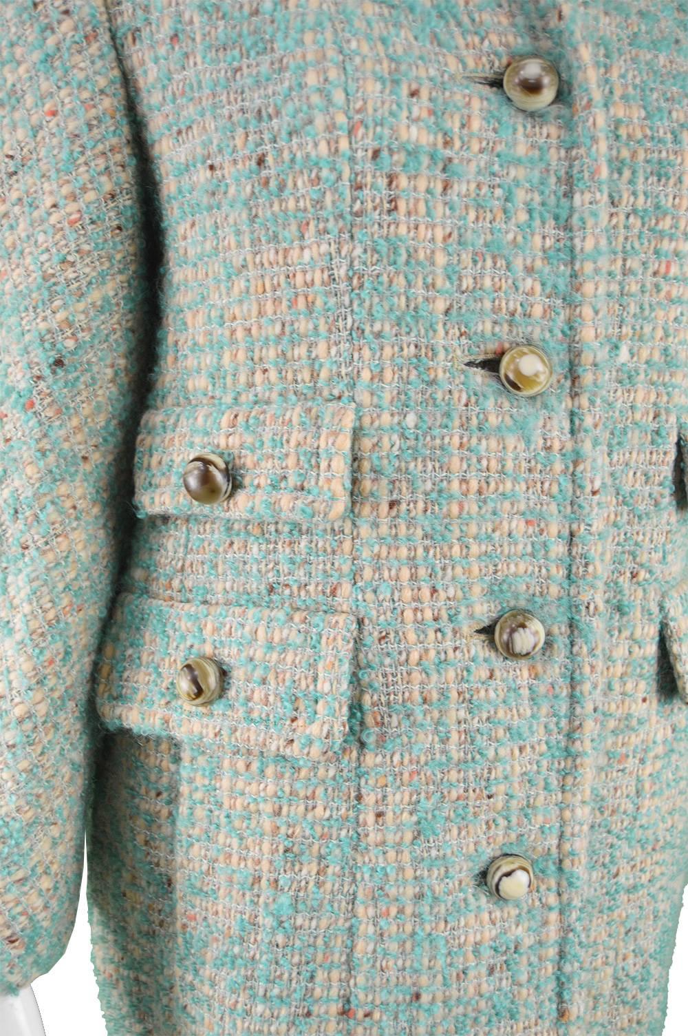 Women's Aquascutum Vintage 1960s Cream & Turquoise Blue Wool Boucle Tweed Coat 