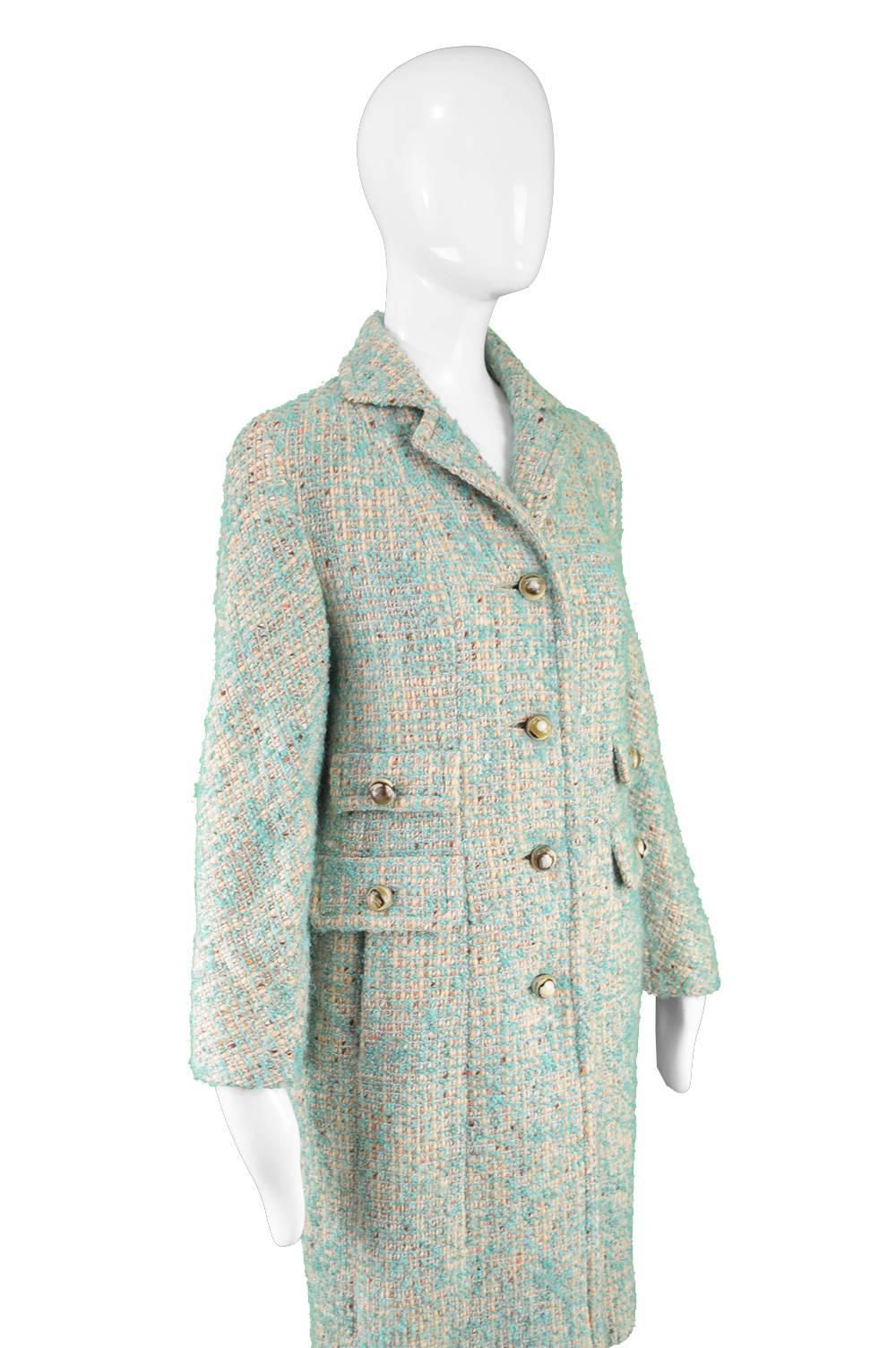 Aquascutum Vintage 1960s Cream & Turquoise Blue Wool Boucle Tweed Coat  1