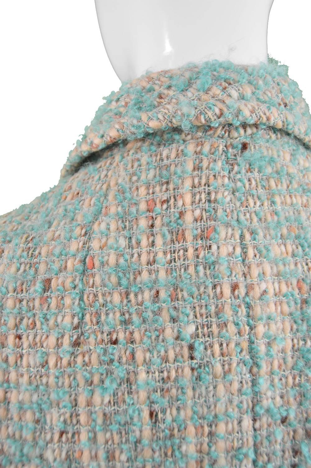 Aquascutum Vintage 1960s Cream & Turquoise Blue Wool Boucle Tweed Coat 4