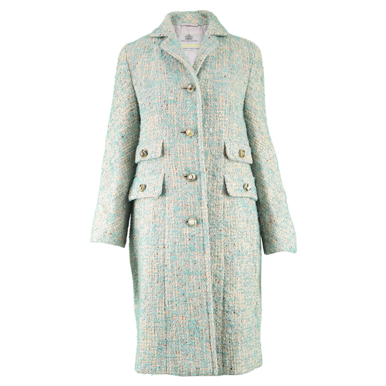 Aquascutum Vintage 1960s Cream & Turquoise Blue Wool Boucle Tweed Coat 