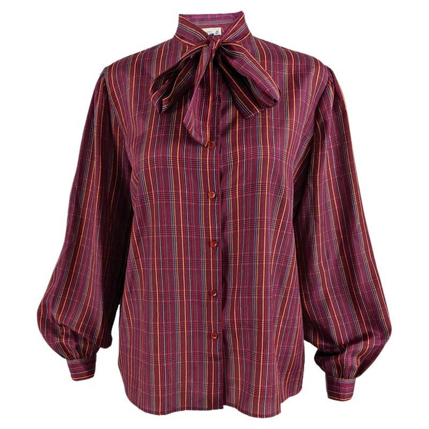 Aquascutum Vintage 1980s Pussy Bow Puffed Sleeve Checked Pink Blouse Shirt  For Sale at 1stDibs