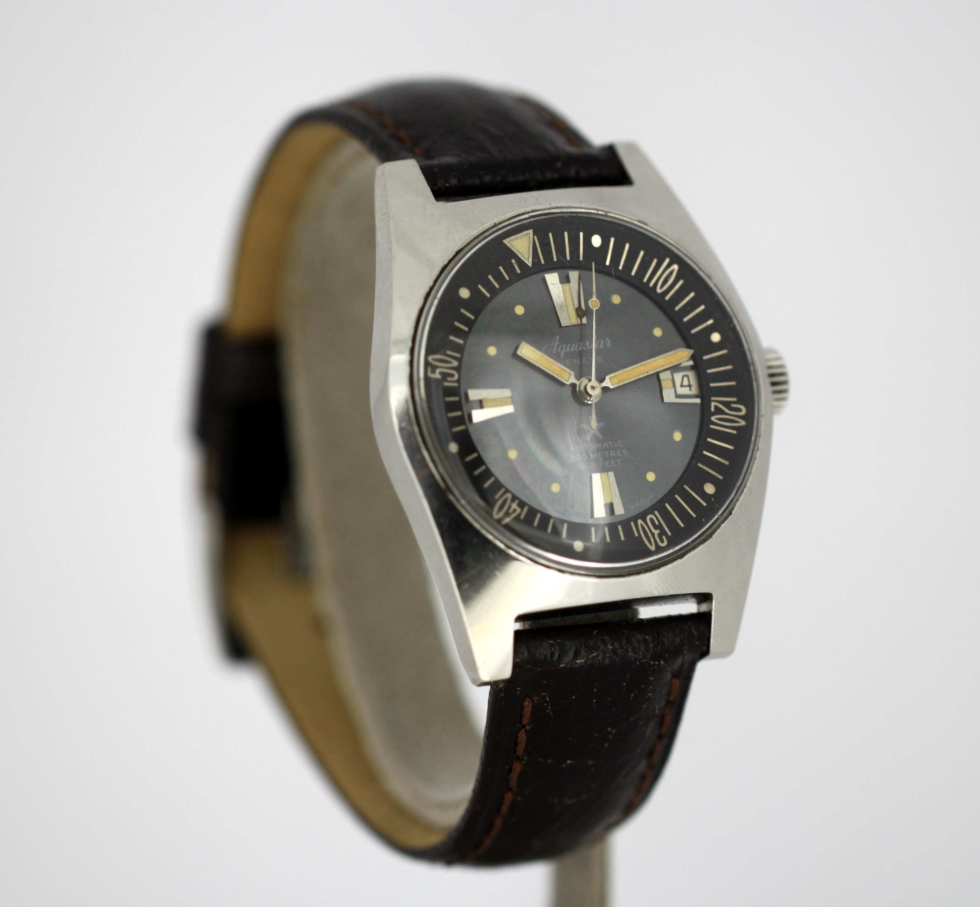 Aquastar automatic wristwatch, circa 1960s

Gender: Mens
Case Diameter : 38 mm
Movement: Automatic
Watchband Material: Leather
Case material : Steel
Display Type:	Analogue	
Dial: ( See Photos )
Hands: Black
Box / Papers : No
Clasp : Strap Buckle