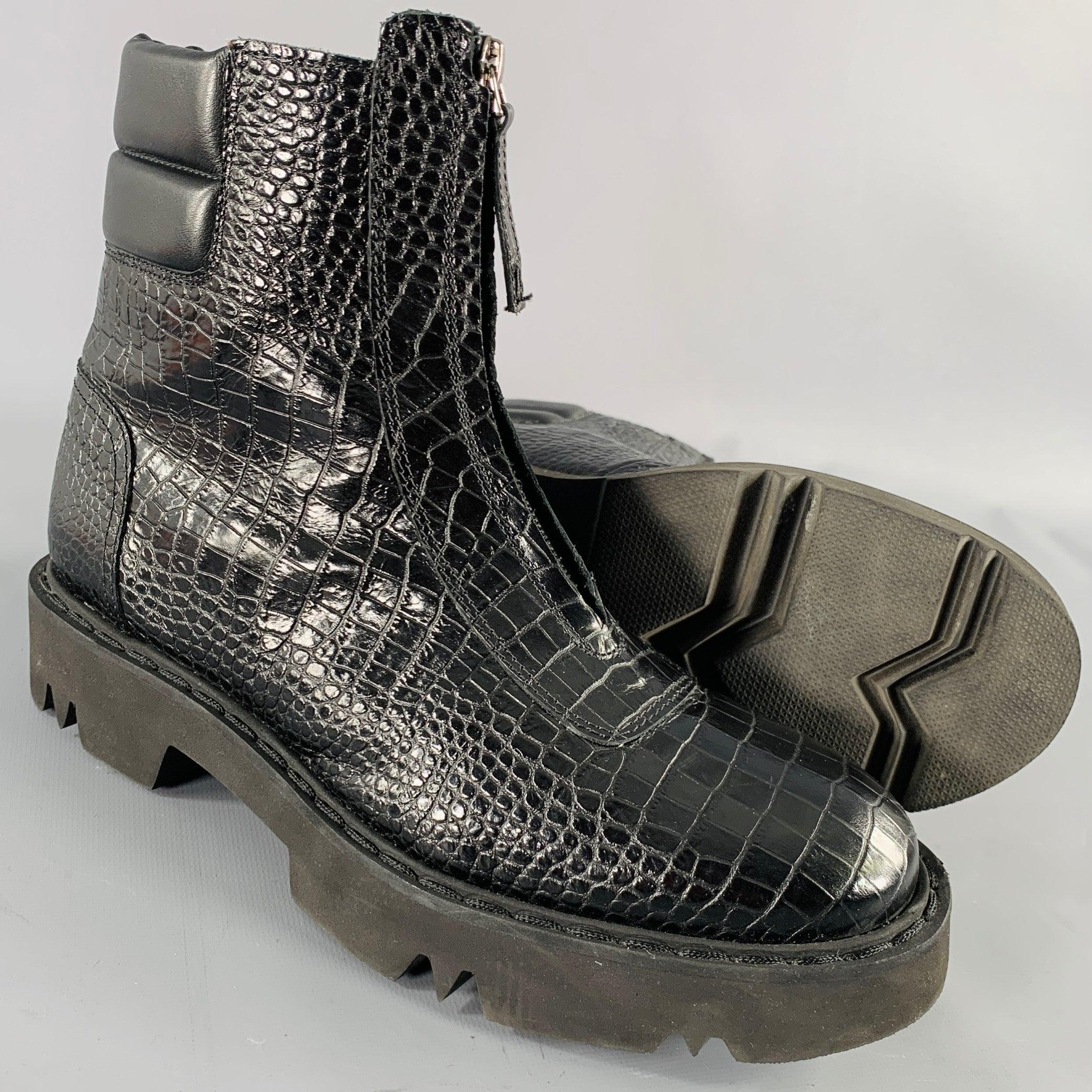 AQUATALIA Size 11 Black Leather Croc Embossed Zip Up Boots For Sale 1