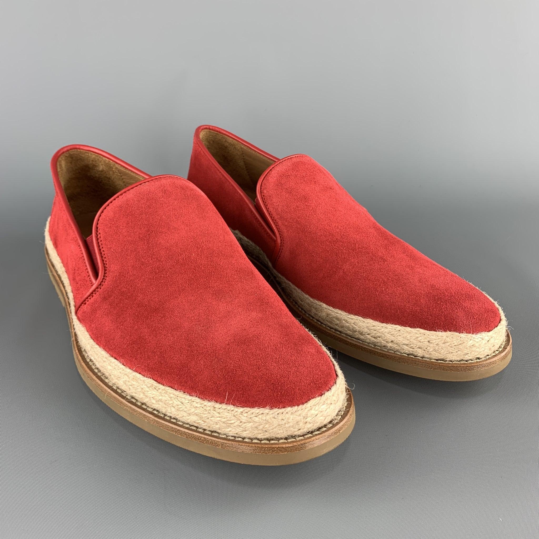 AQUATALIA loafers come in red suede with a braided rope trim and rubber sole. Made in Italy.Excellent
Pre-Owned Condition. 

Marked:   UK 10Outsole: 12.25 x 4.75 inches 
  
  
 
Reference: 103509
Category: Loafers
More Details
    
Brand: 