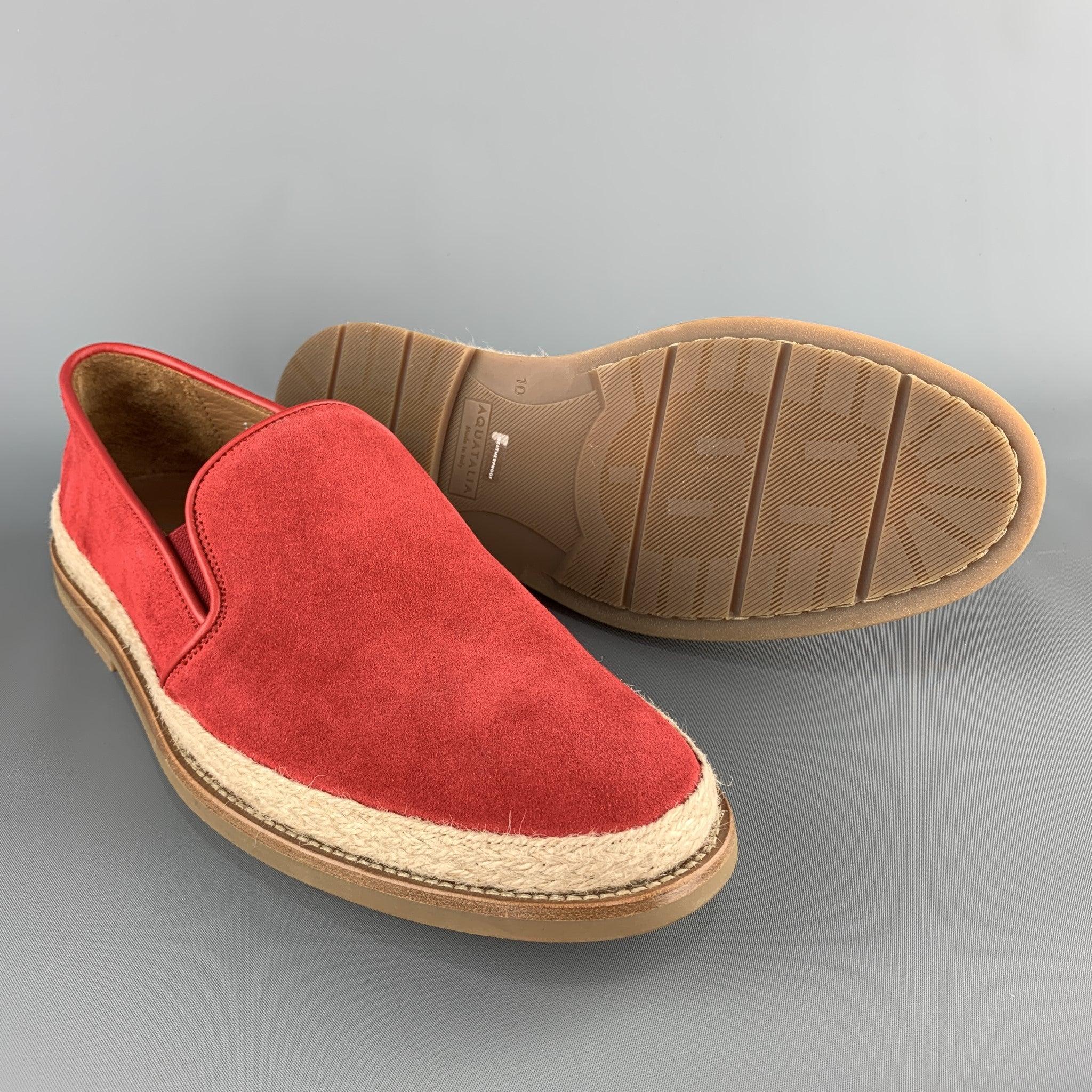 AQUATALIA Size 11 Red Suede Braided Trim Rubber Sole Loafers In Good Condition For Sale In San Francisco, CA