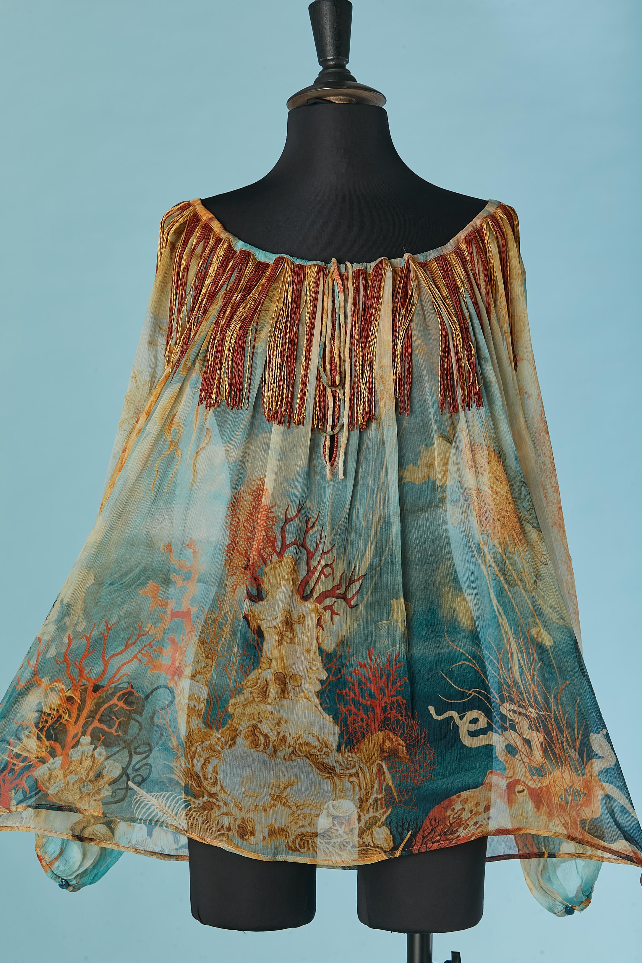 Gray Aquatic printed silk chiffon blouse with fringes Jean-Paul Gaultier Femme For Sale