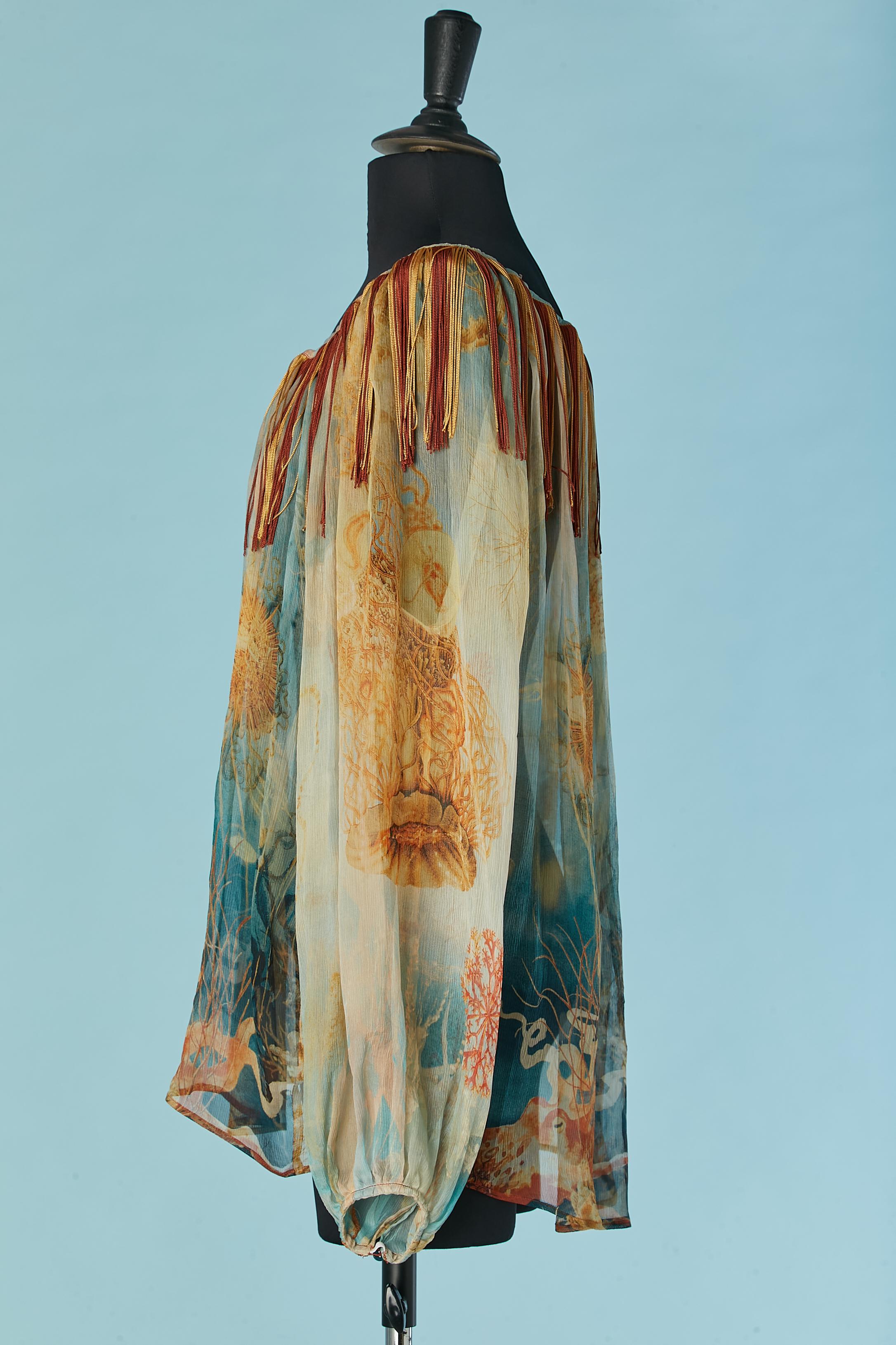 Aquatic printed silk chiffon blouse with fringes Jean-Paul Gaultier Femme In Excellent Condition For Sale In Saint-Ouen-Sur-Seine, FR