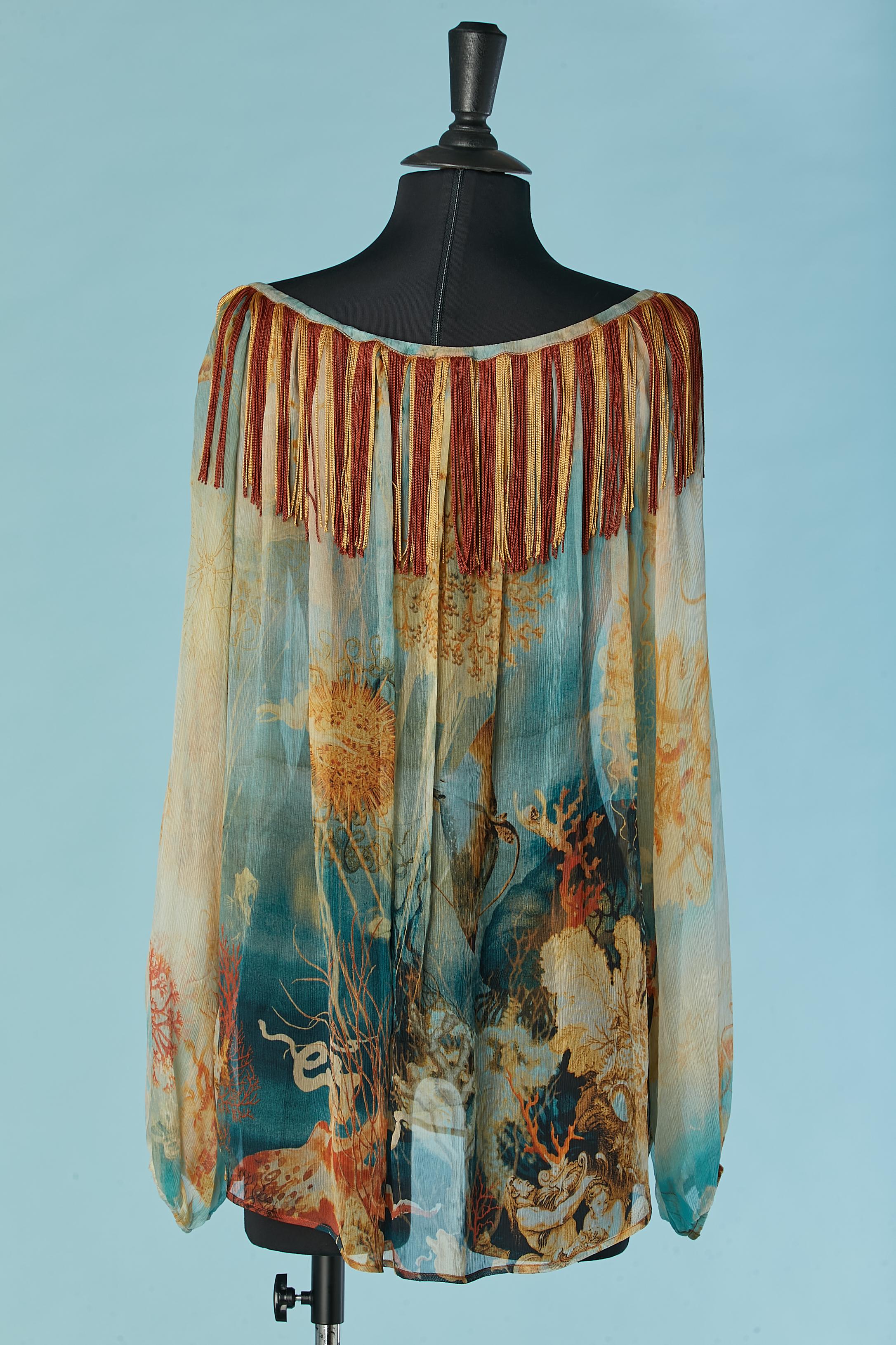 Aquatic printed silk chiffon blouse with fringes Jean-Paul Gaultier Femme For Sale 1