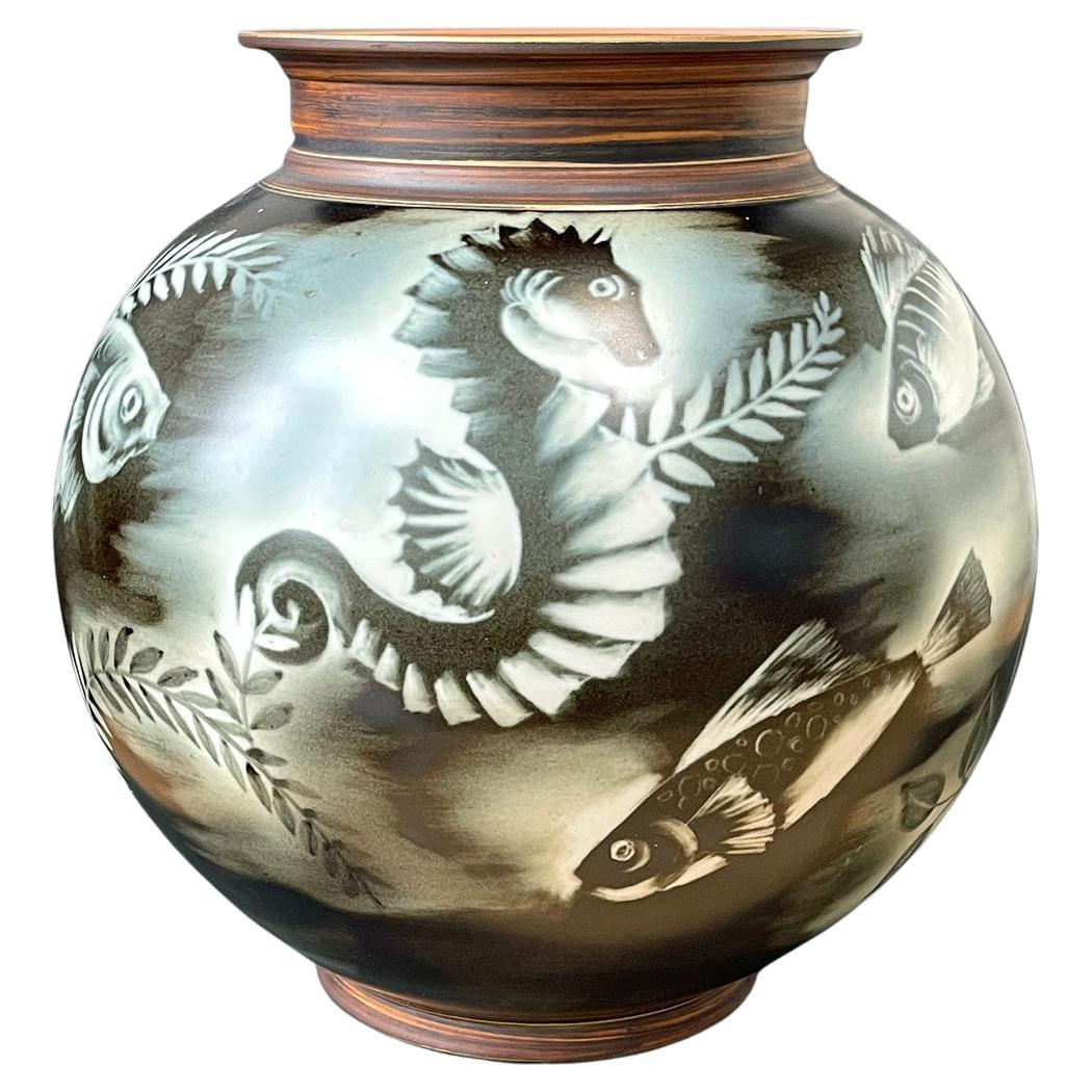 "Aquatic Scene w/ Seahorse & Fish, " Art Deco Spherical Vase by Nylund, Rorstrand