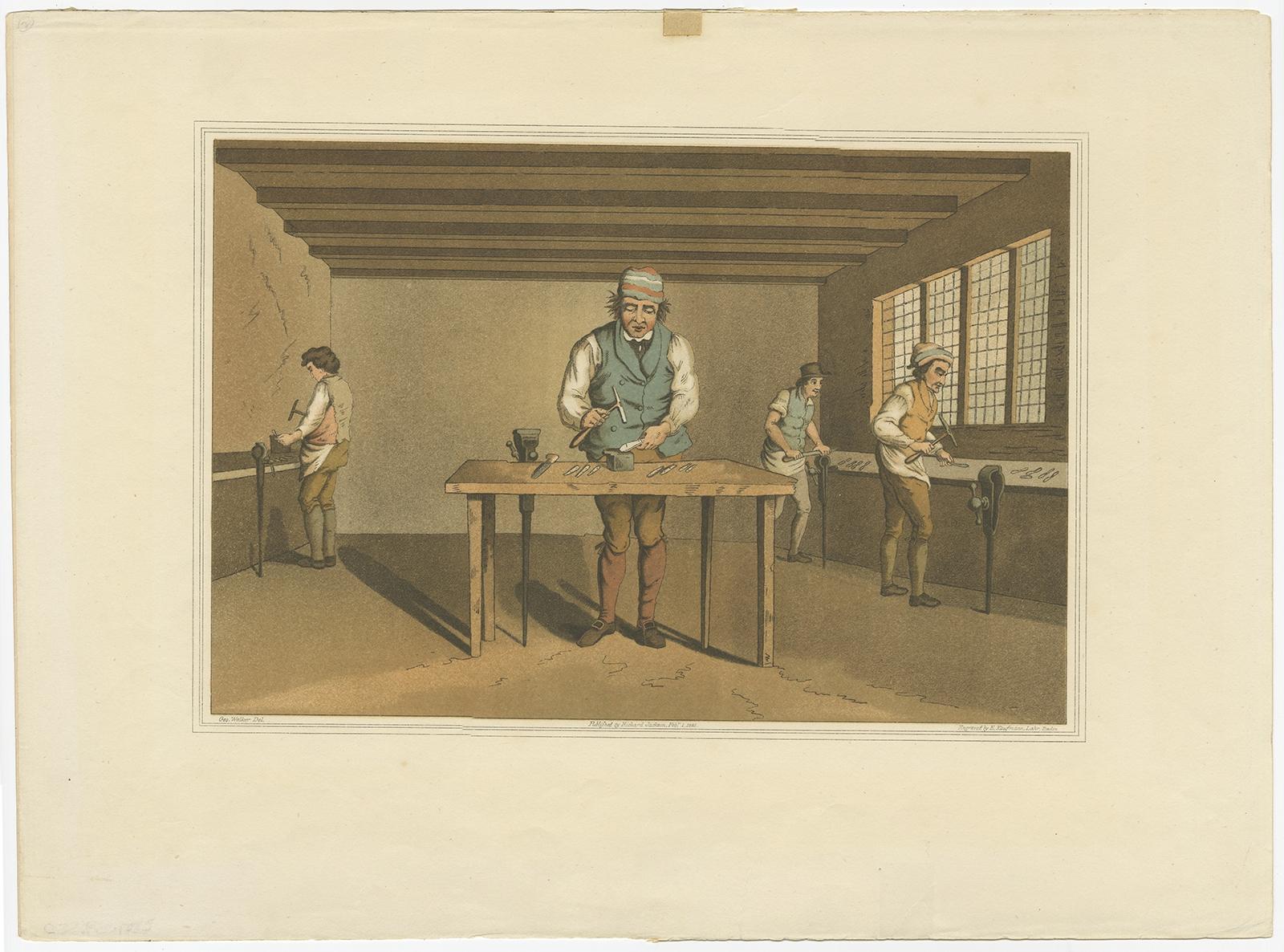 Aquatint of a cutler at work making a knife in Sheffield, Yorkshire.

This print originates from 'The Costume of Yorkshire in 1814. A Series of 40 Facsimiles of Original Drawings, with descriptions in English and French'. 

Artists and Engravers: