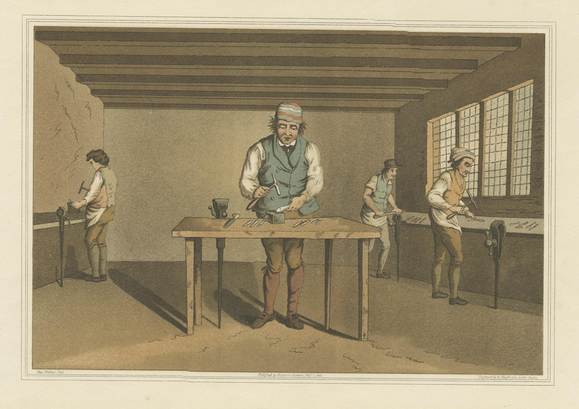 Aquatint of a Cutler at Work Making a Knife in Sheffield, Yorkshire, UK, 1885 In Good Condition For Sale In Langweer, NL
