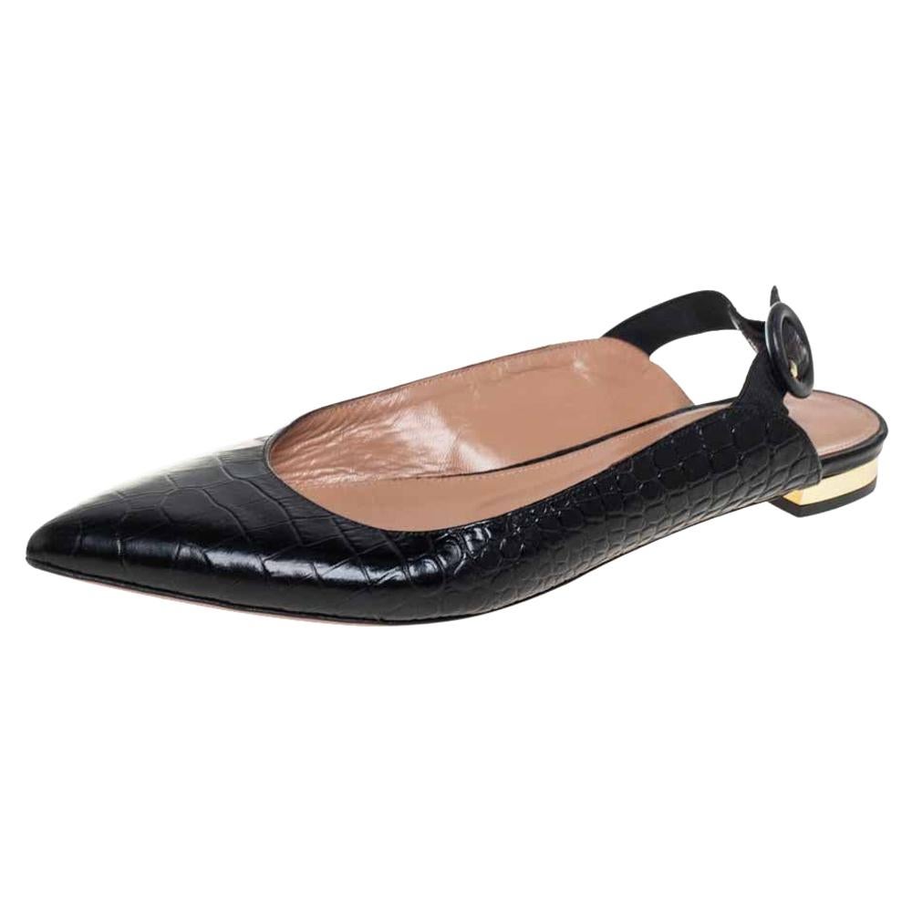 Aquazurra Black Croc Embossed Leather Slingback Sandals Size 36.5