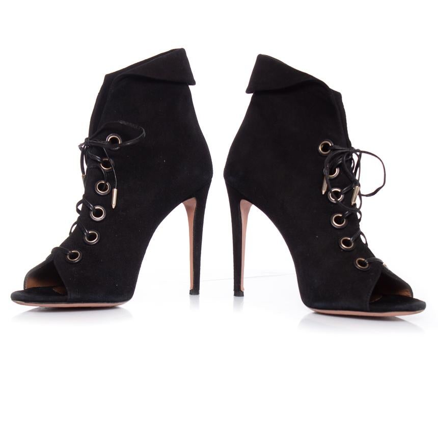 Aquazurra, Black suede Eva peep-toe lace-up ankle boots. This item has been worn once and is in very good condition. Comes with original box.

• SIZE: 40

• INSOLE MEASUREMENTS: 27 cm

• HEEL MEASUREMENTS: 11.5 cm PLATFORM: 0.5 cm

• SHAFT HEIGHT: