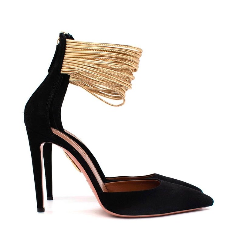 Aquazurra Hello Lover Black Suede Gold Ankle Strap Heeled Pumps For