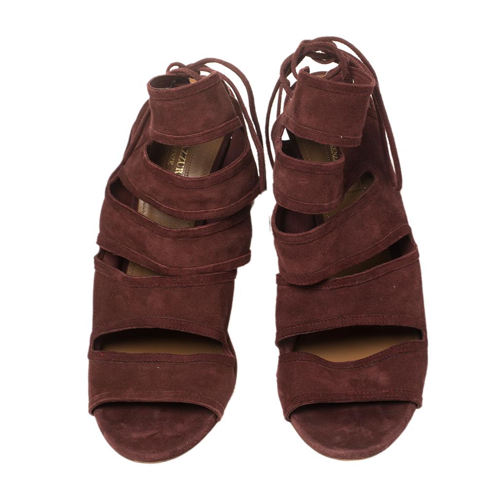 Aquazurra Maroon Suede Sloane Cutout Peep Toe Sandals Size 39 In Good Condition In Dubai, Al Qouz 2