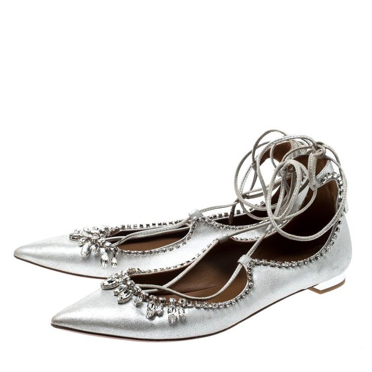 Aquazurra Metallic Silver Crystal Embellished Pointed Toe Ballet Flats ...