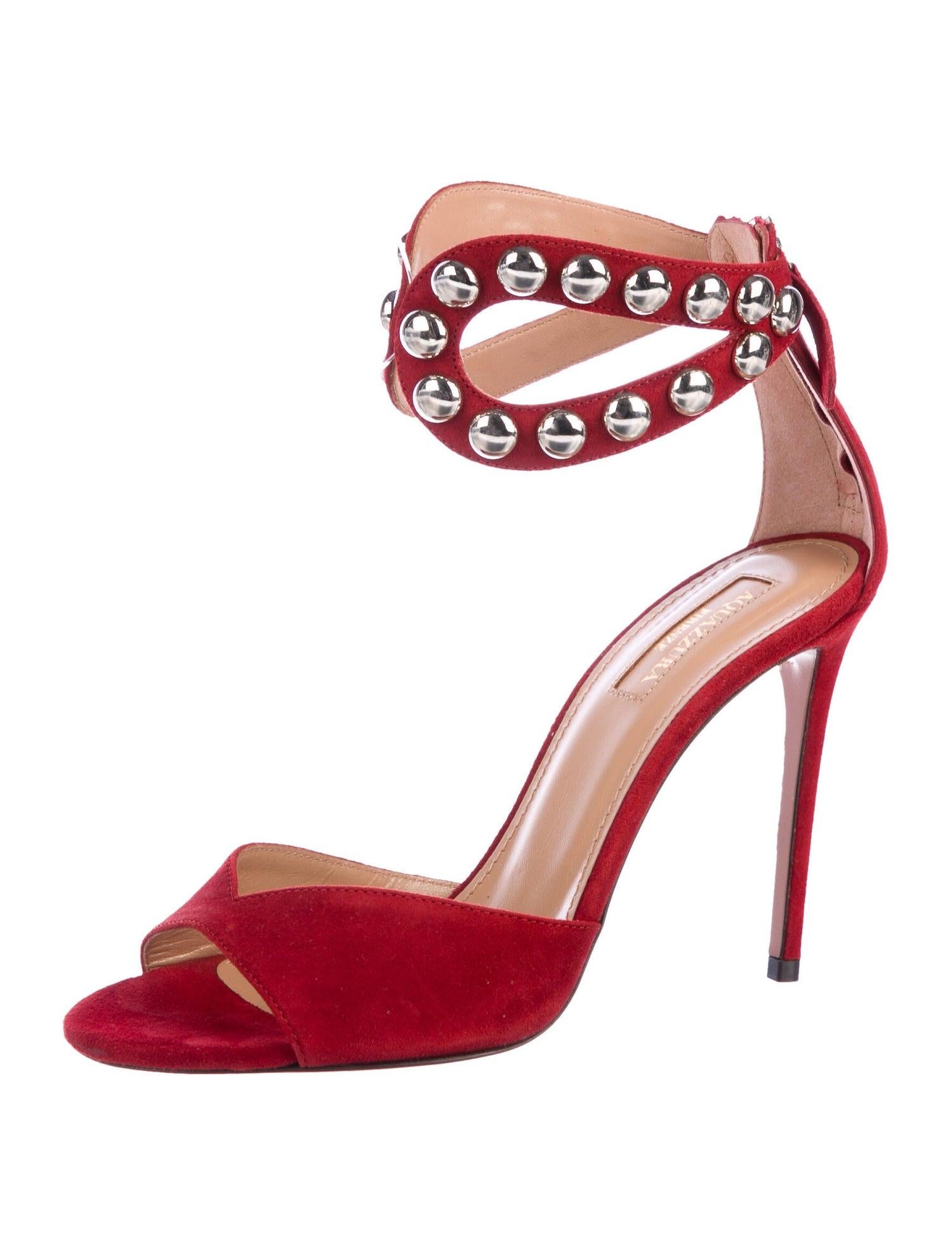 Women's Aquazurra NEW Red Suede Silver Stud Evening Sandals Heels Pumps in Box